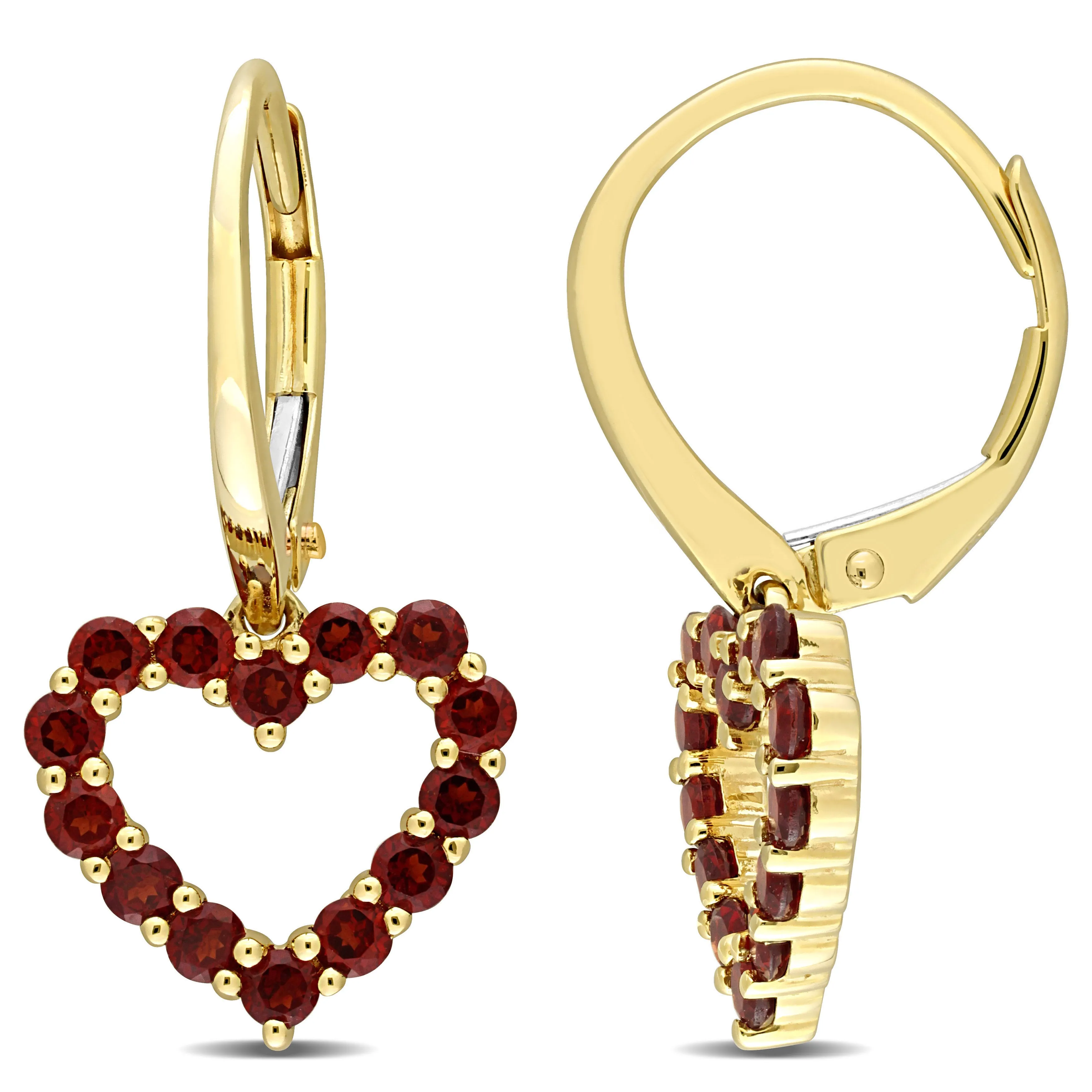 1 1/8ct Garnet Heart Leverback Earrings in 10k Yellow Gold