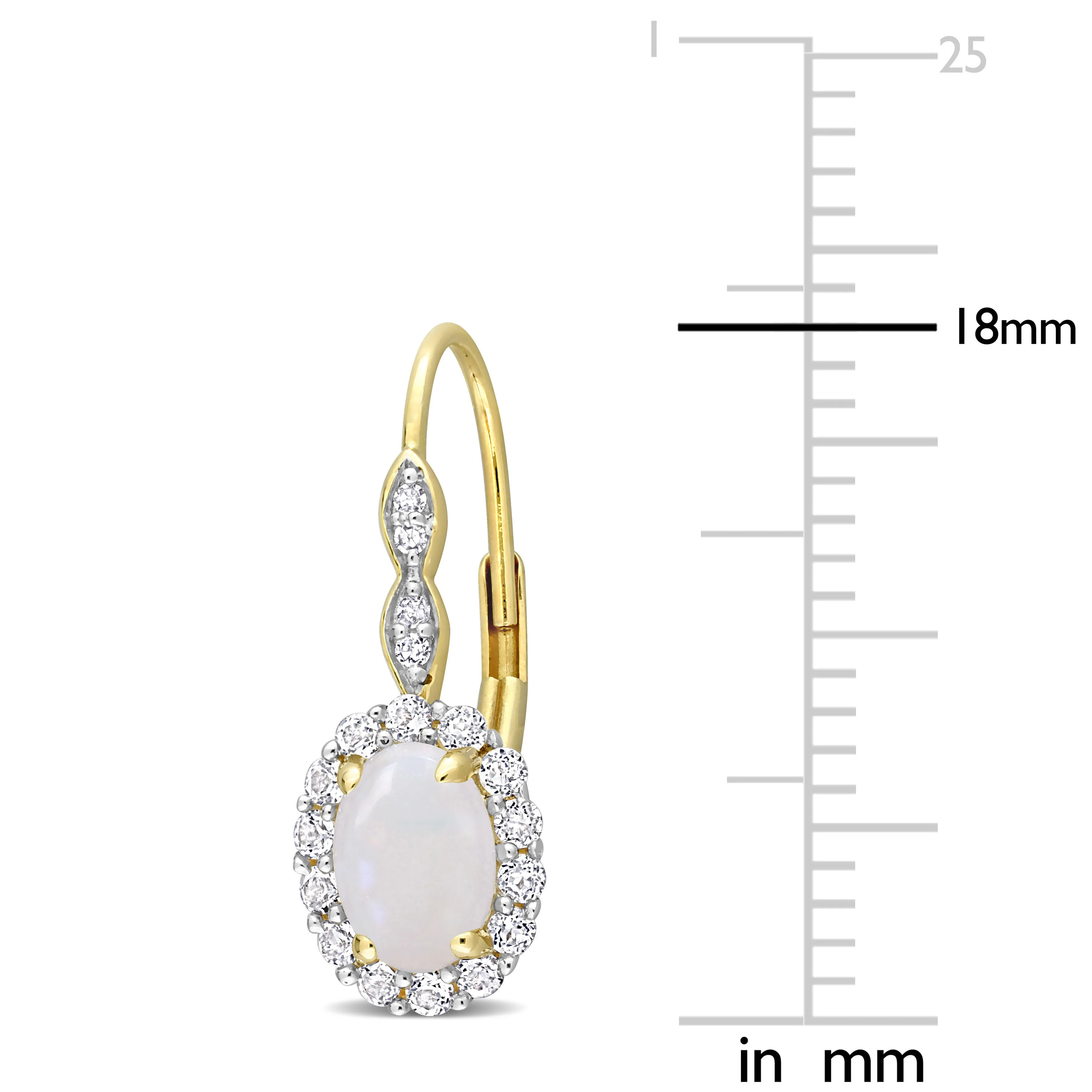 1 3/4 CT TGW Oval Shape Opal and White Topaz and Diamond Accent Halo Leverback Earrings in 14K Yellow Gold