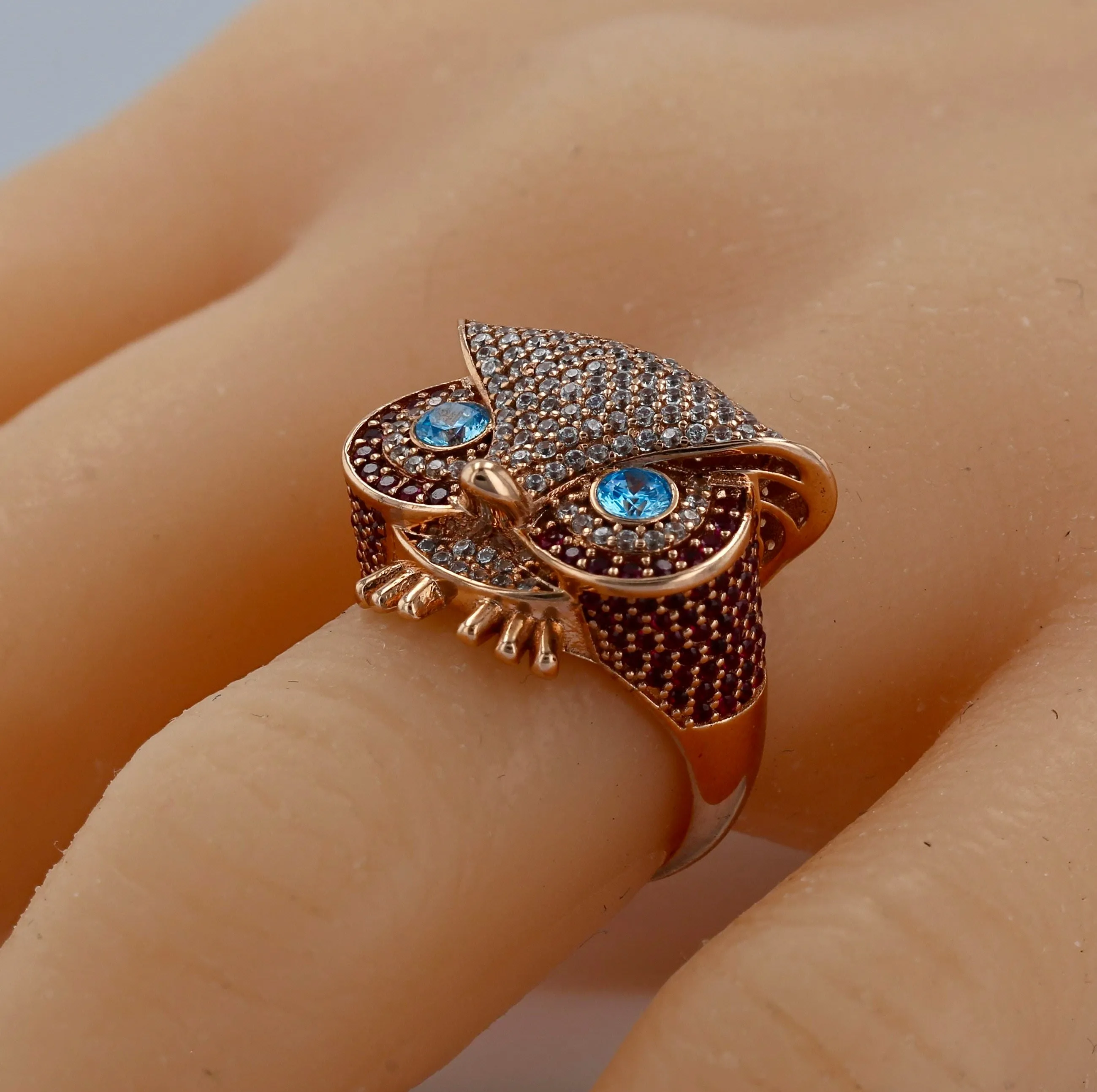 10K Rose gold blue eyes owl ring-224511