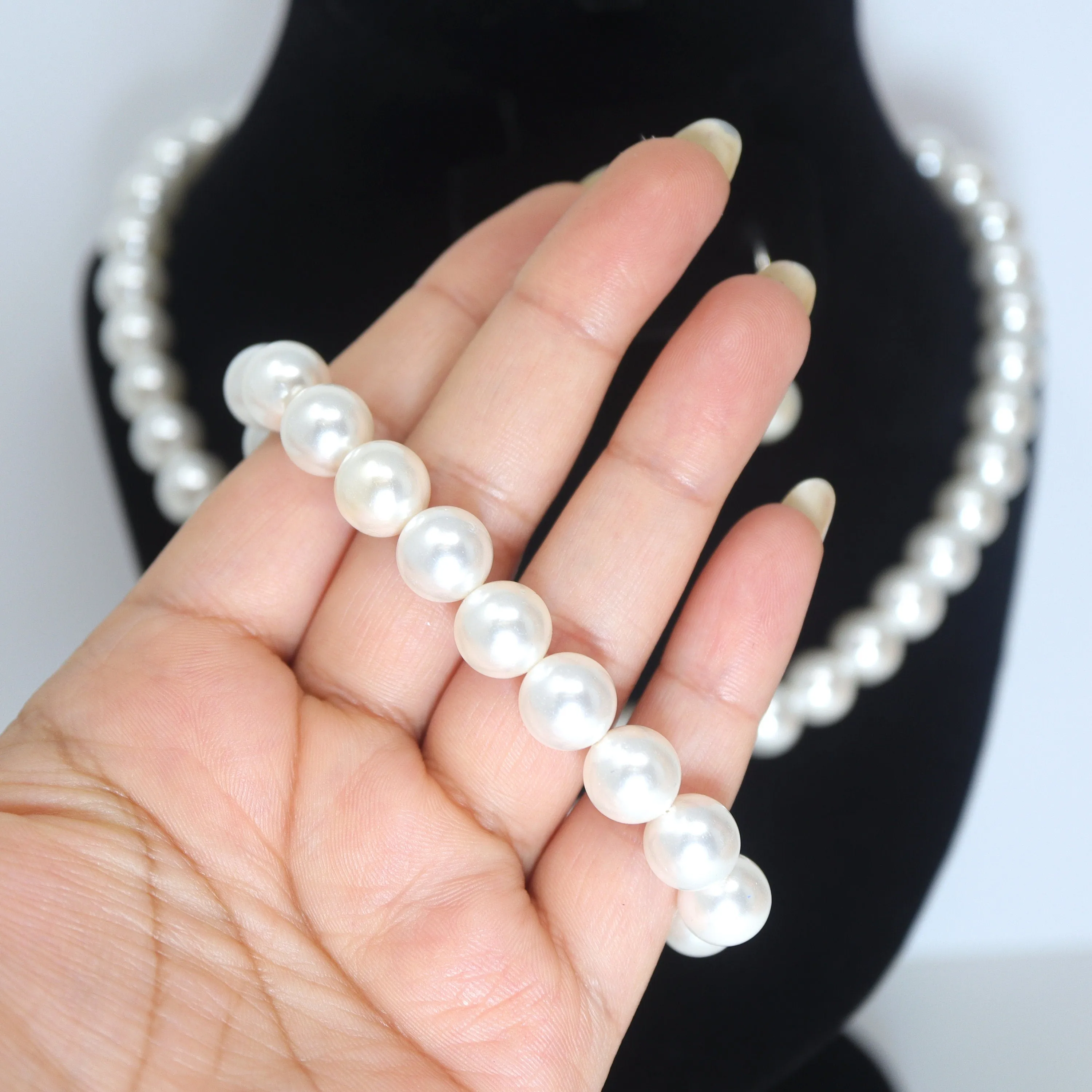 10mm White Faux Pearl Necklace Earring And Bracelet Set, Bridal Jewelry, Bridal Earrings And Necklace, Statement Earrings Necklace Set.