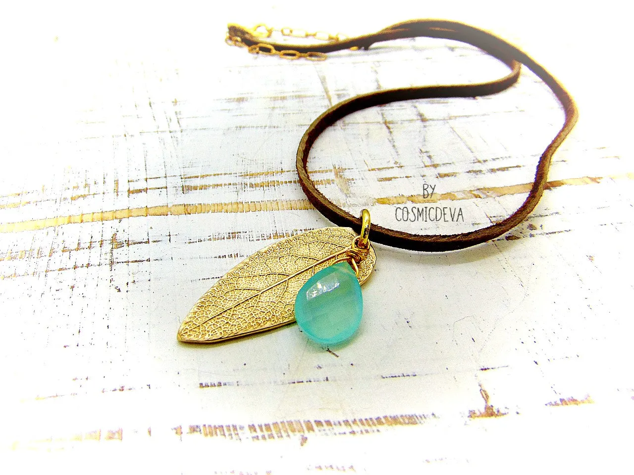 1174 Sage Leaf Gold Bronze Necklace With Aqua Blue Chalcedony Gemstone