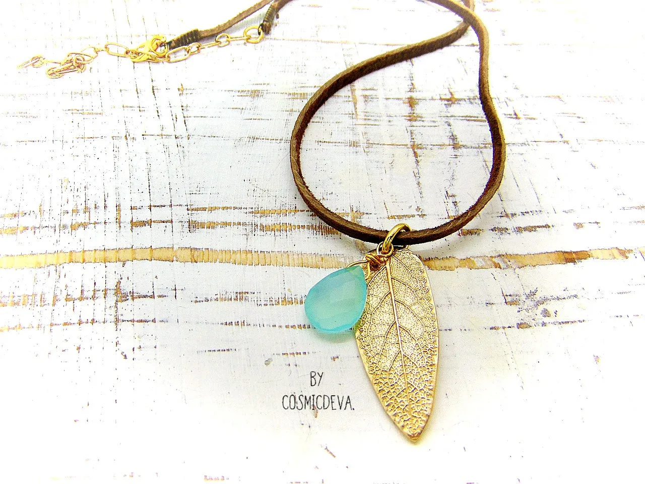 1174 Sage Leaf Gold Bronze Necklace With Aqua Blue Chalcedony Gemstone