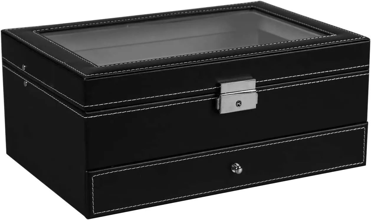 12 Slot PU Leather Lockable Watch and Jewelry Storage Boxes (Black)