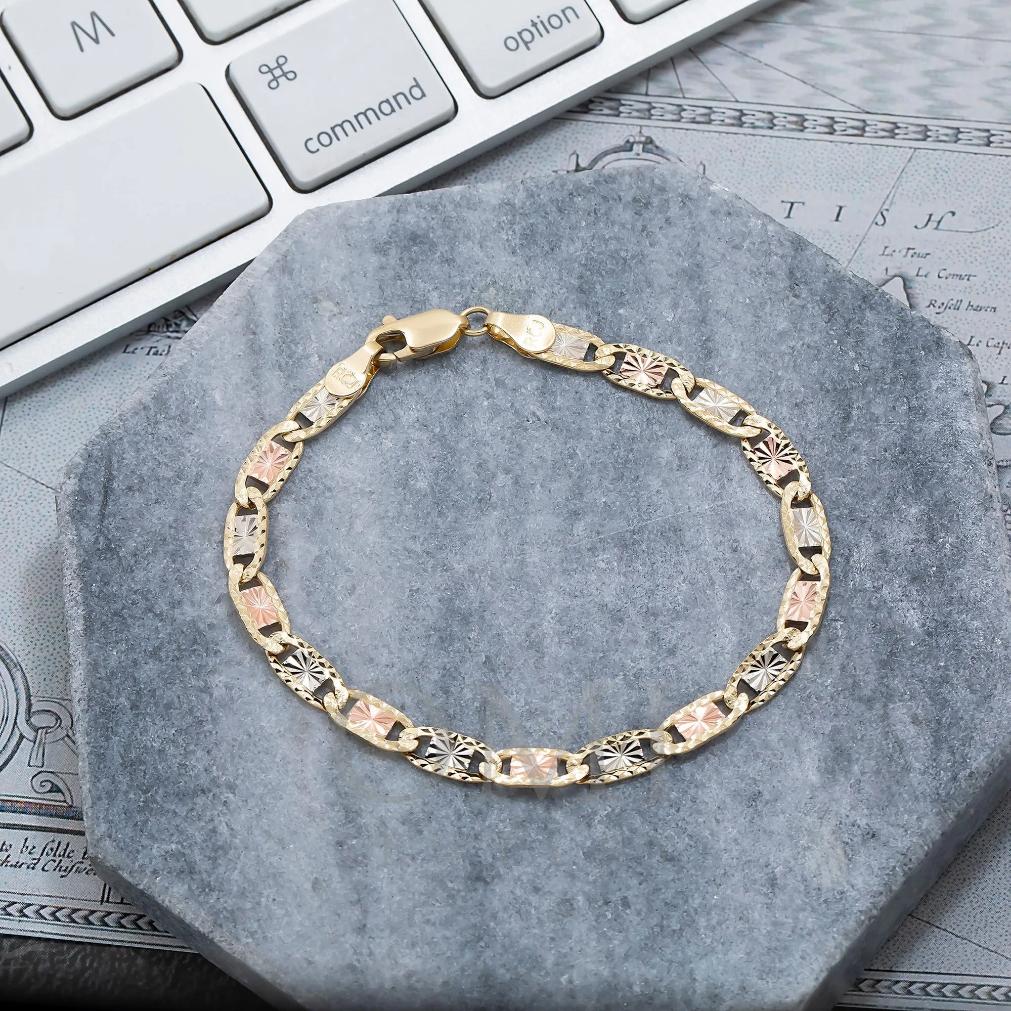 14K GOLD 5MM TRICOLOR FANCY CHAIN BRACELET