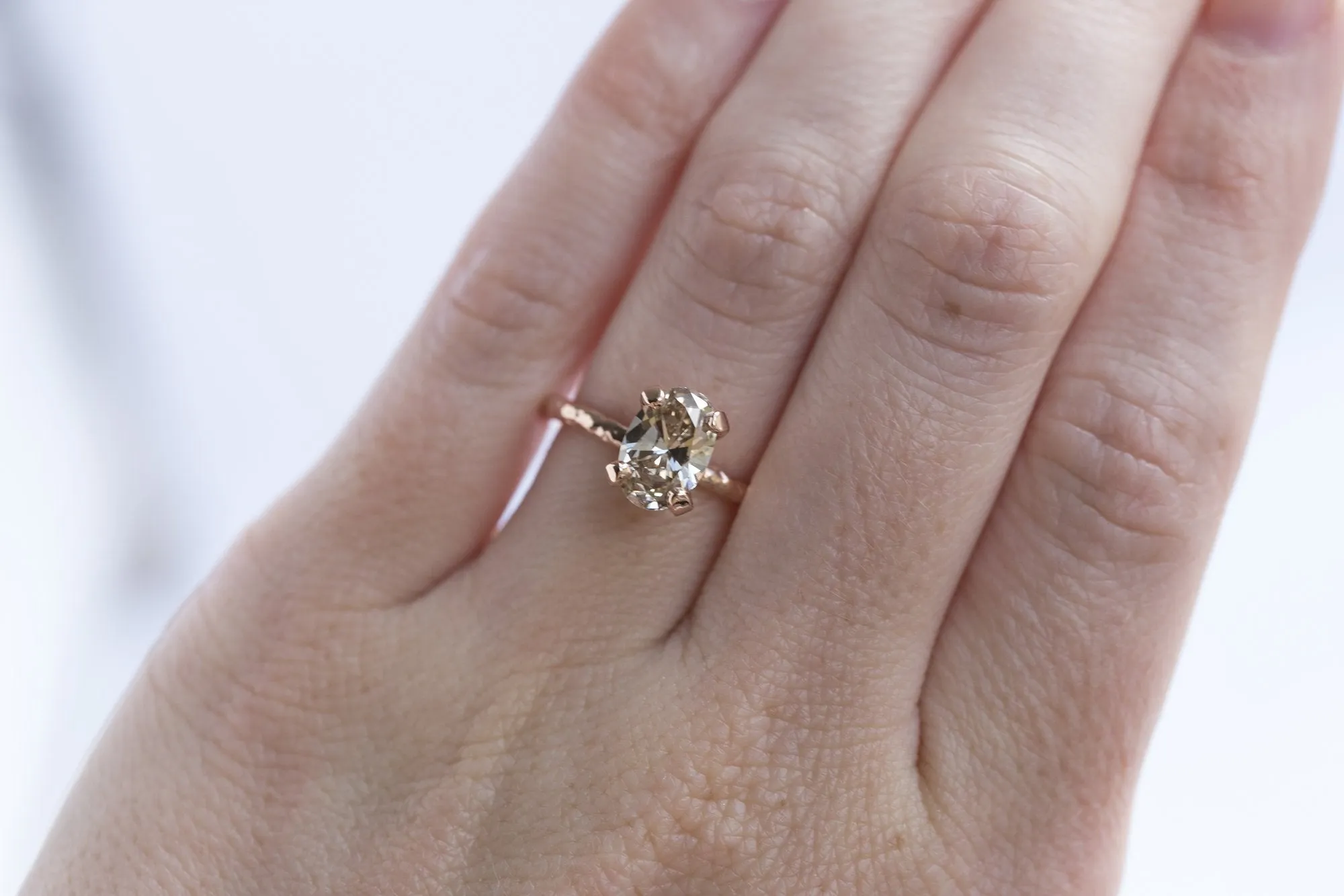 1.51ct Oval Champagne Diamond Engagement Ring in Hand Carved Recycled Rose Gold by Anueva Jewelry