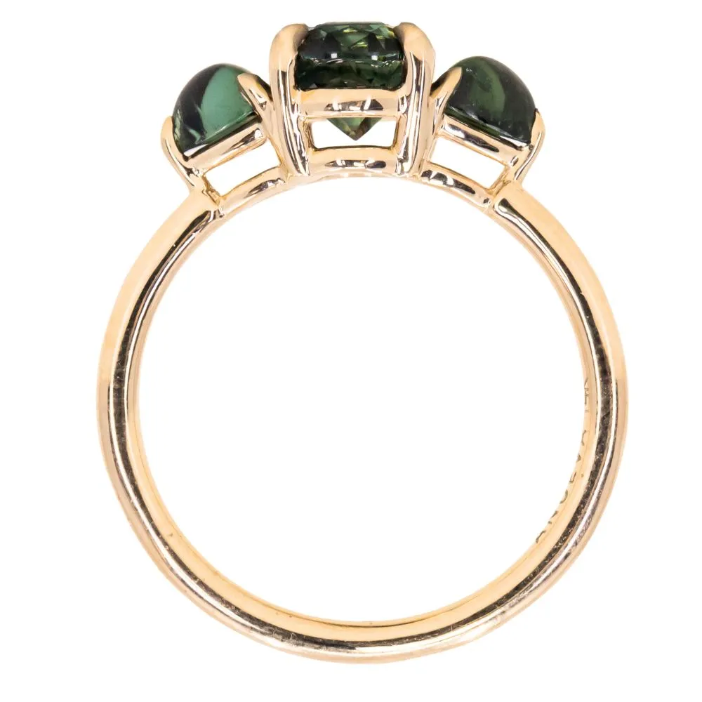 1.63ct Oval African Teal Blue Sapphire and Tourmaline Cabochon Trillion Three Stone Ring in 14K Yellow Gold