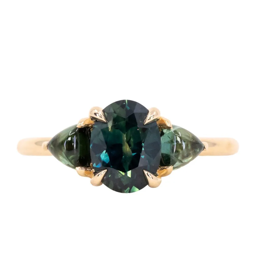 1.63ct Oval African Teal Blue Sapphire and Tourmaline Cabochon Trillion Three Stone Ring in 14K Yellow Gold