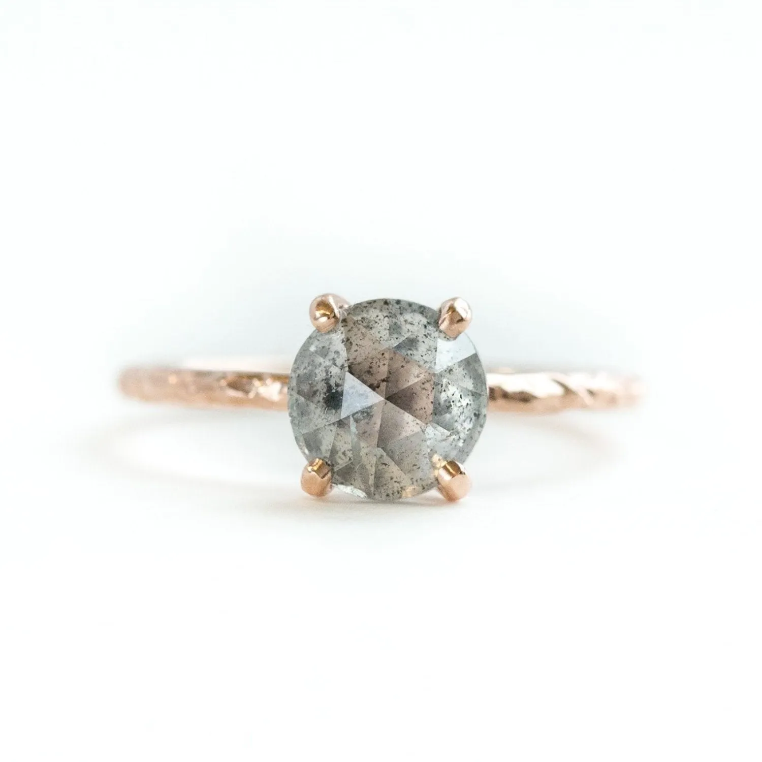 1.80ct Rosecut Silver Grey Diamond and Dainty Carved Rose Gold Low Profile Solitaire Setting