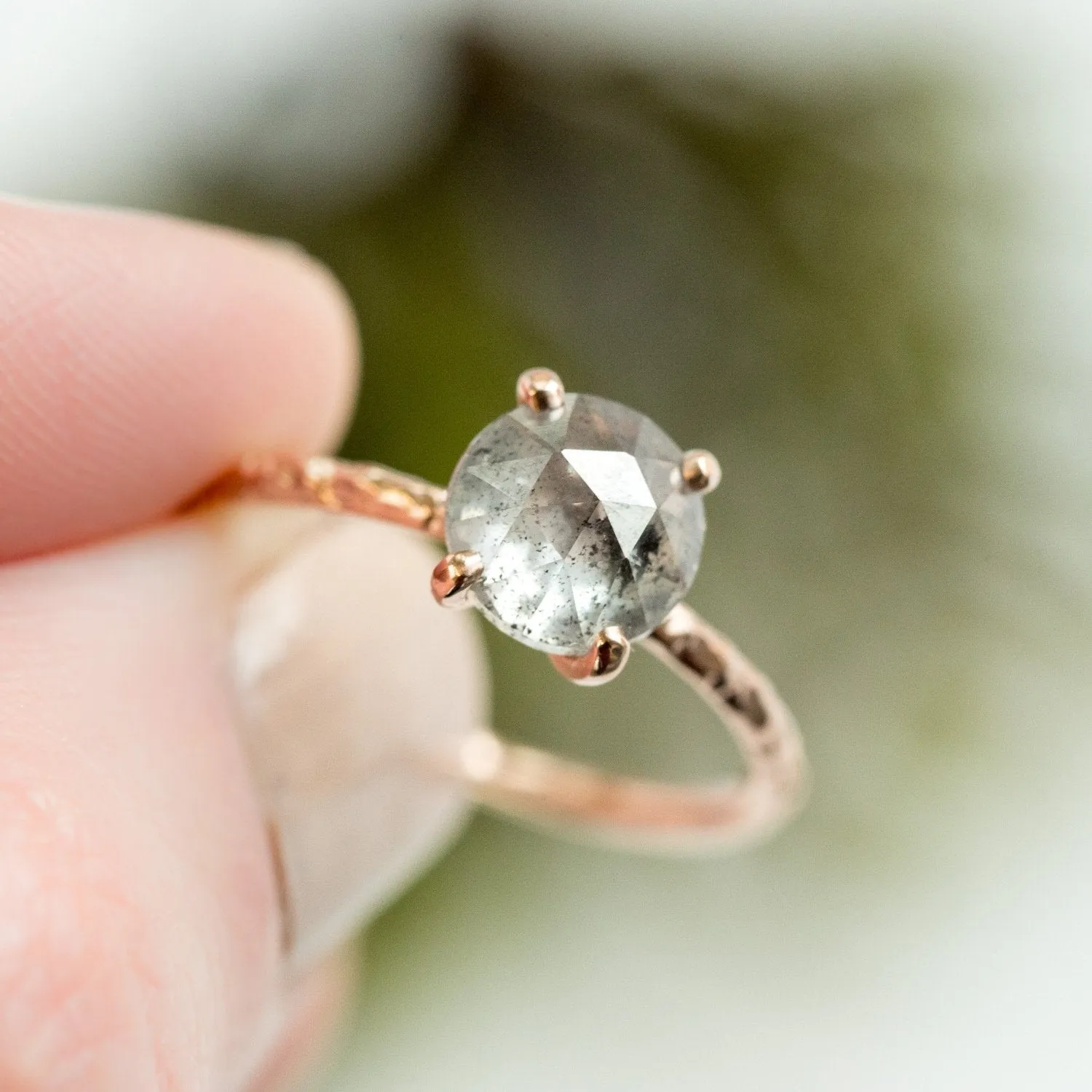 1.80ct Rosecut Silver Grey Diamond and Dainty Carved Rose Gold Low Profile Solitaire Setting