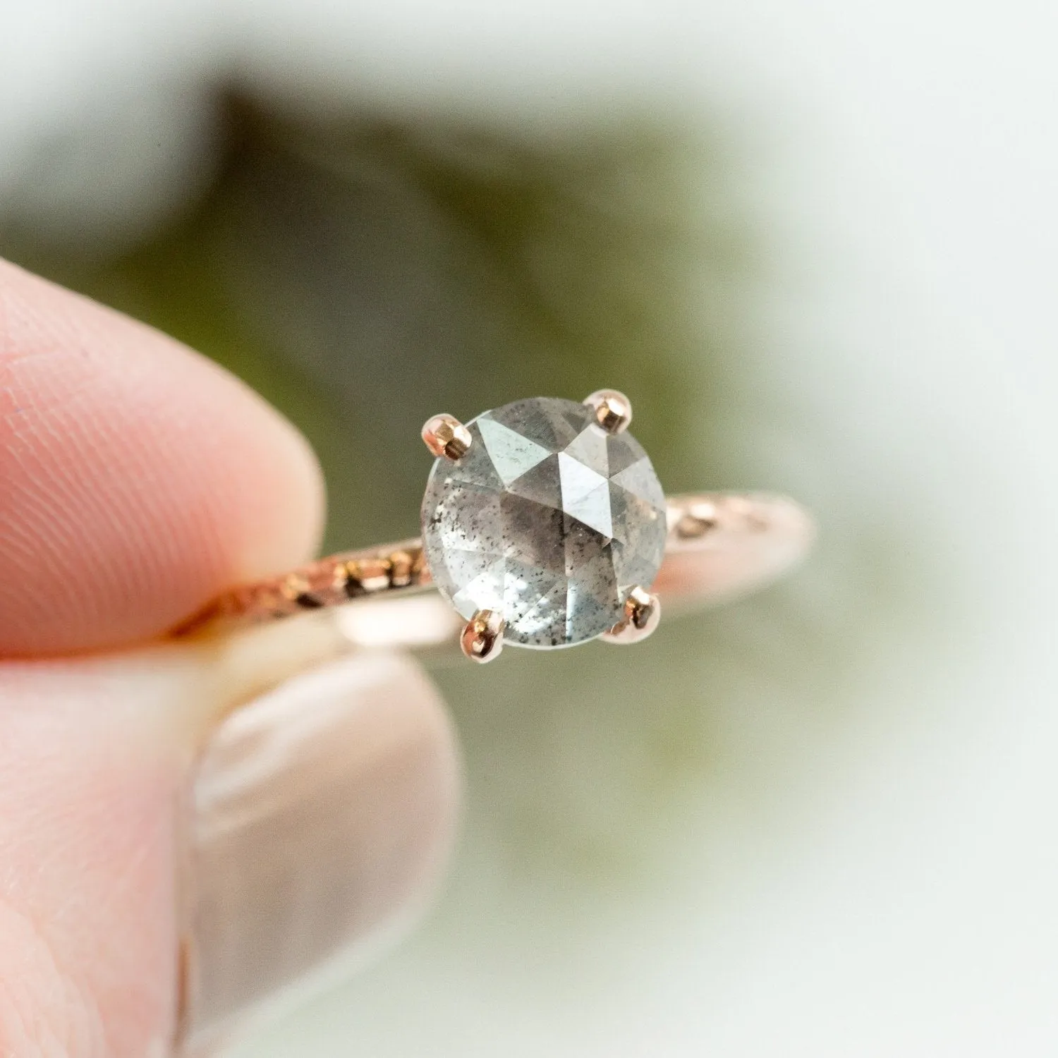 1.80ct Rosecut Silver Grey Diamond and Dainty Carved Rose Gold Low Profile Solitaire Setting