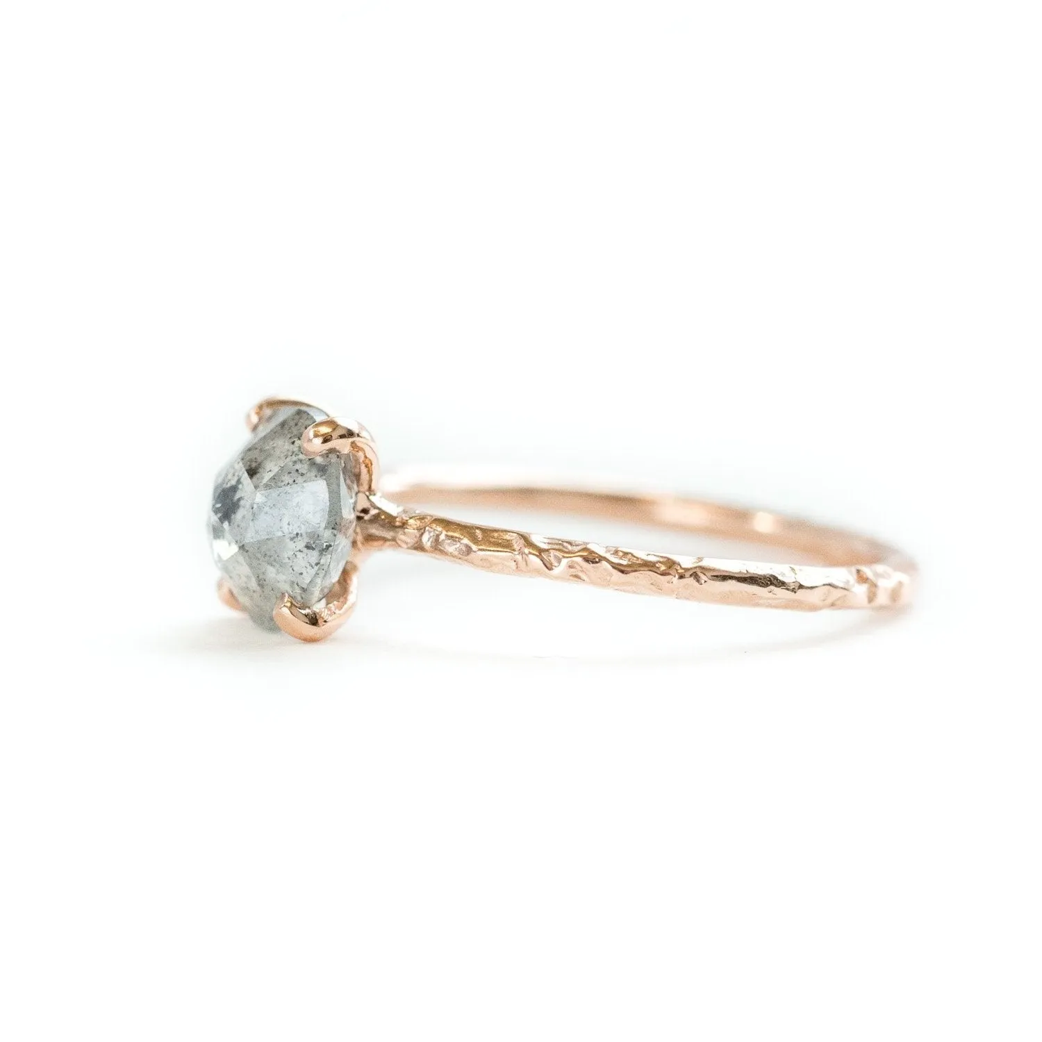 1.80ct Rosecut Silver Grey Diamond and Dainty Carved Rose Gold Low Profile Solitaire Setting