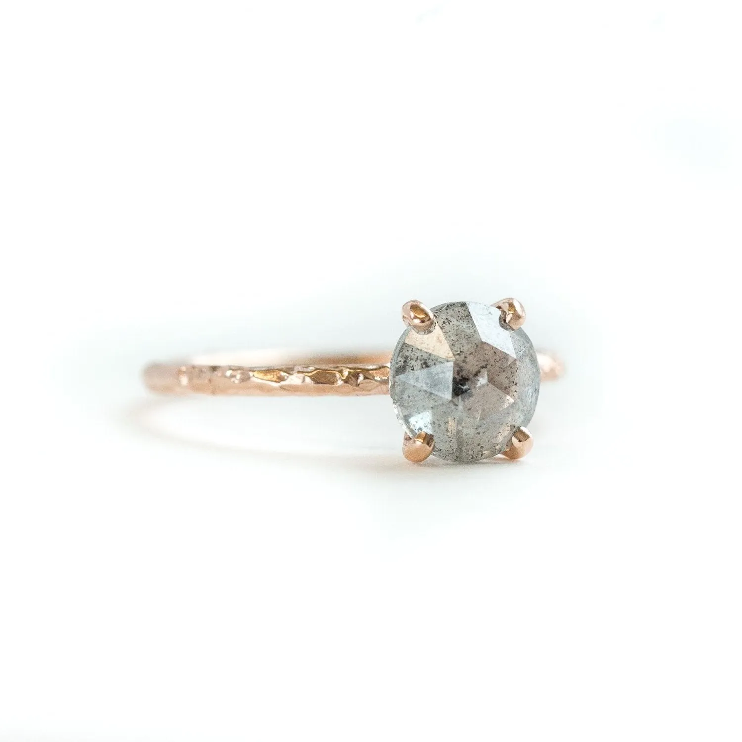 1.80ct Rosecut Silver Grey Diamond and Dainty Carved Rose Gold Low Profile Solitaire Setting