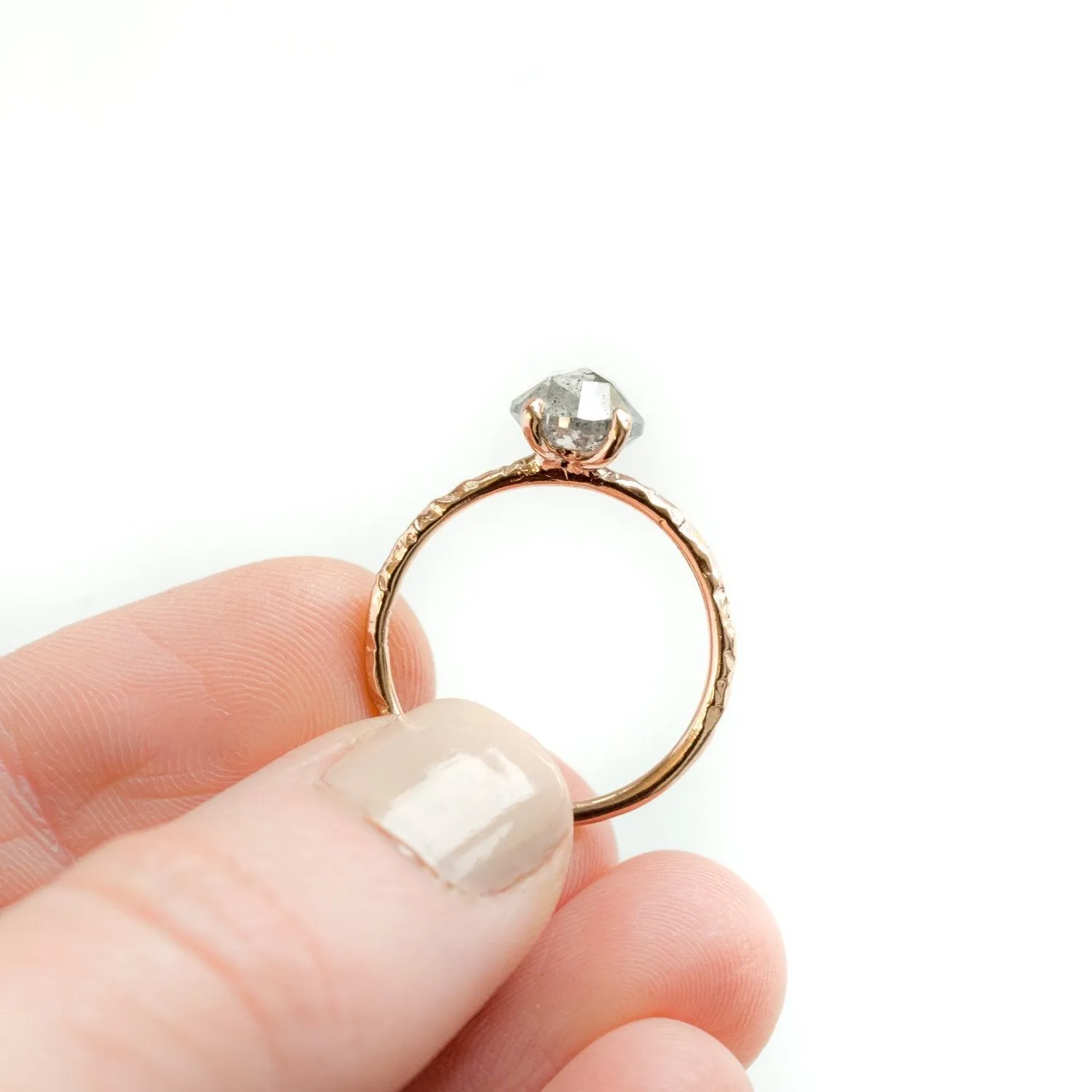 1.80ct Rosecut Silver Grey Diamond and Dainty Carved Rose Gold Low Profile Solitaire Setting