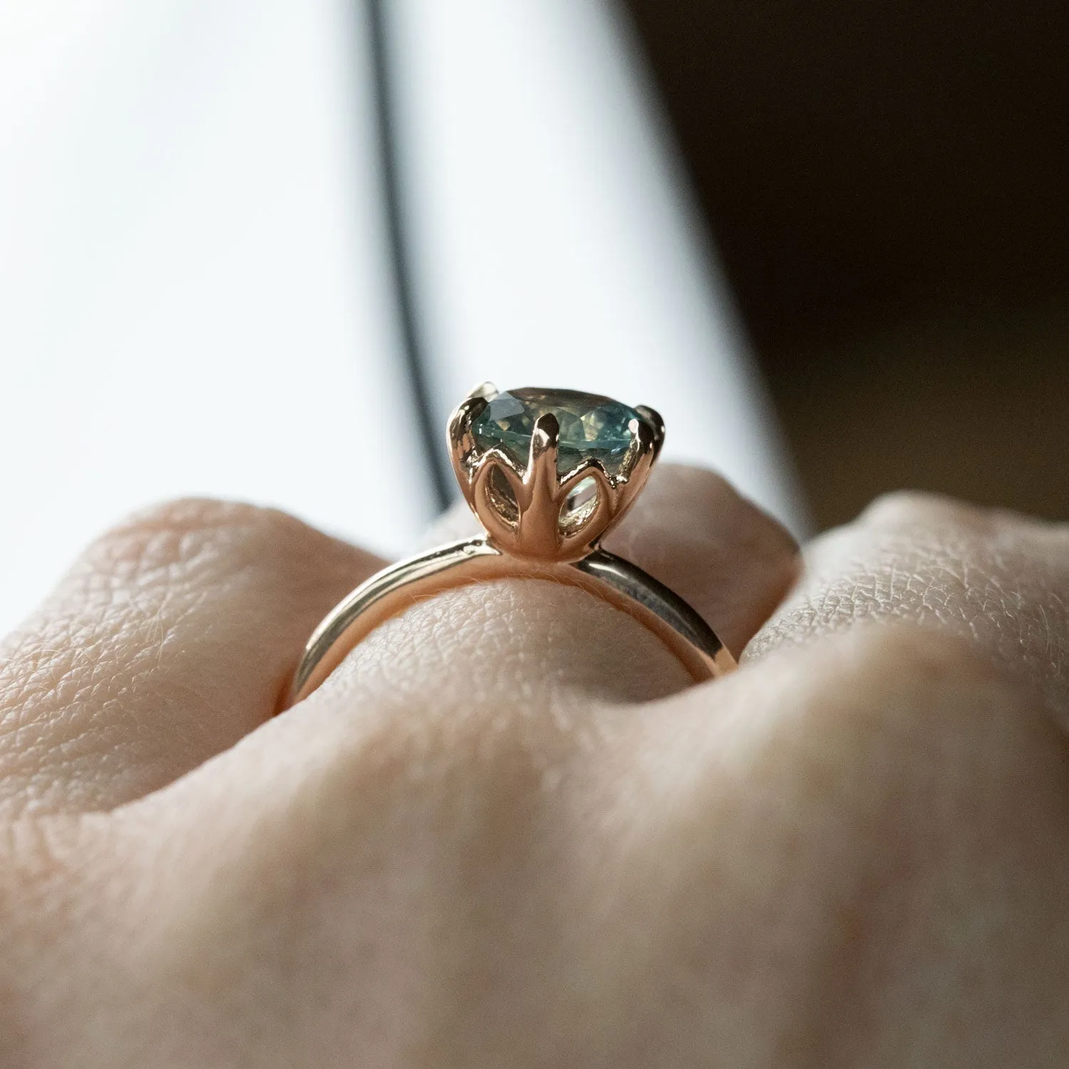 1.85ct Seafoam Montana Sapphire in Lotus Six Prong Solitaire in 14k Rose Gold