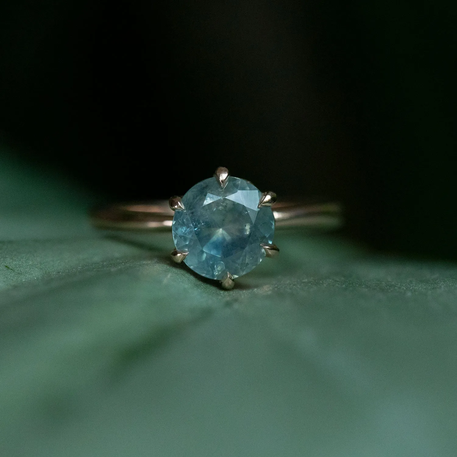 1.85ct Seafoam Montana Sapphire in Lotus Six Prong Solitaire in 14k Rose Gold