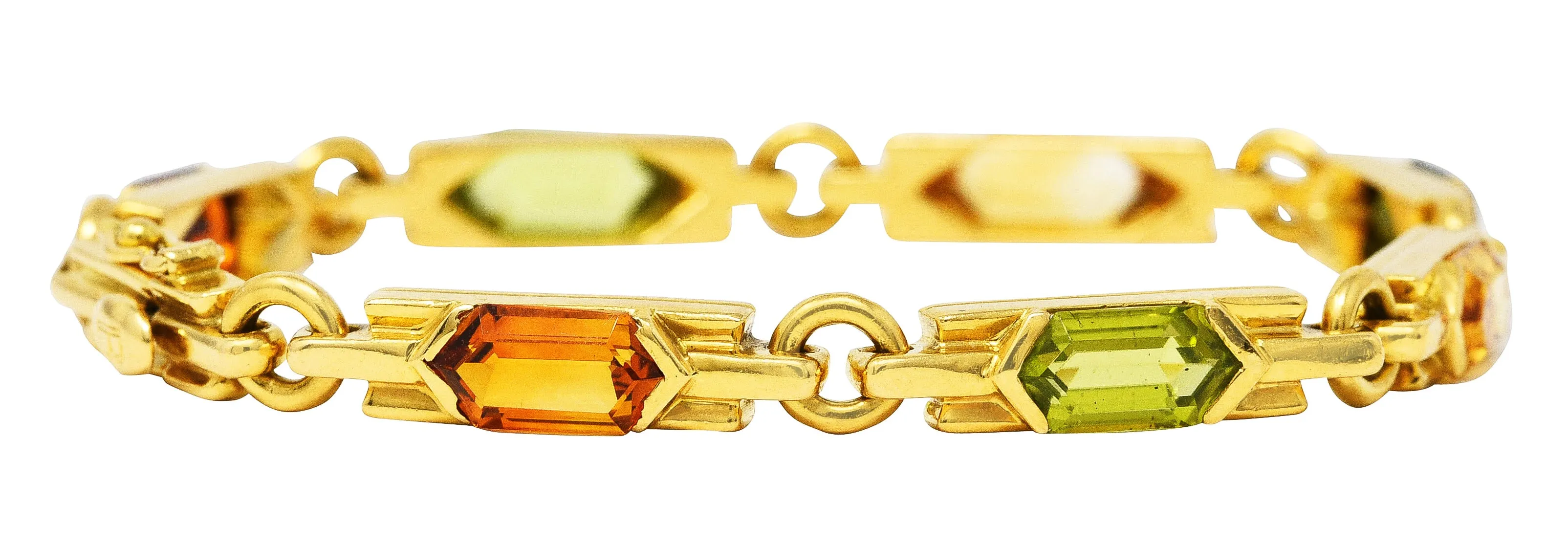 1980's Bulgari Peridot Citrine Green Tourmaline 18 Karat Yellow Gold Vintage Italian Gemstone Bracelet