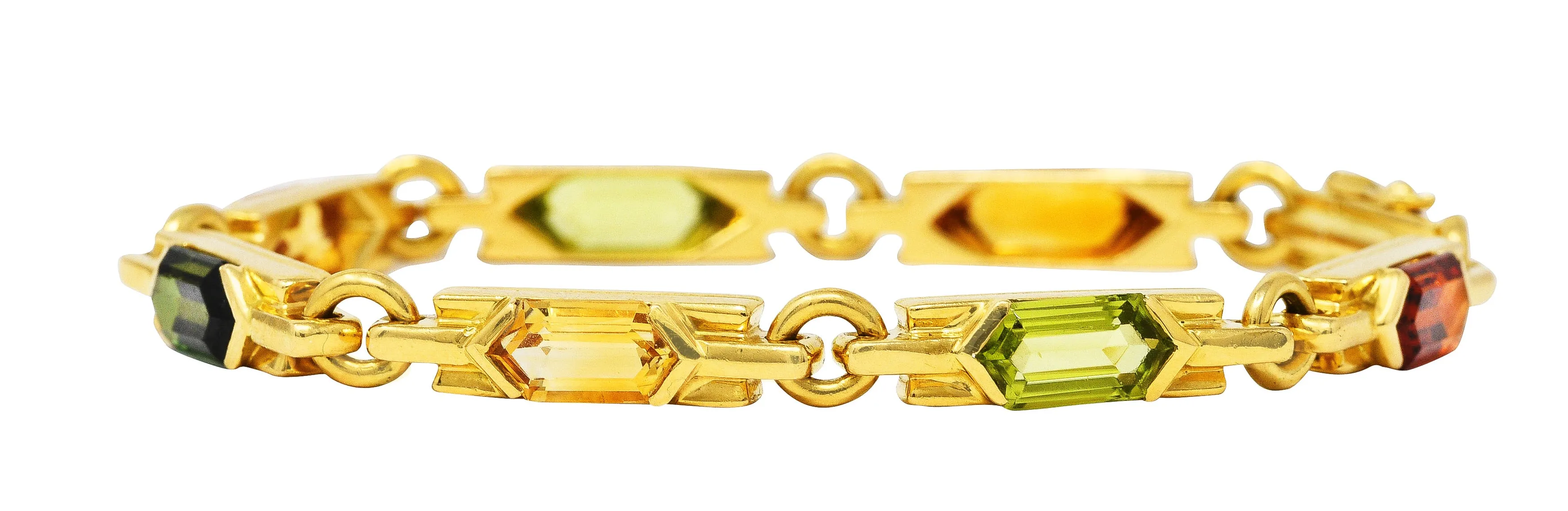 1980's Bulgari Peridot Citrine Green Tourmaline 18 Karat Yellow Gold Vintage Italian Gemstone Bracelet