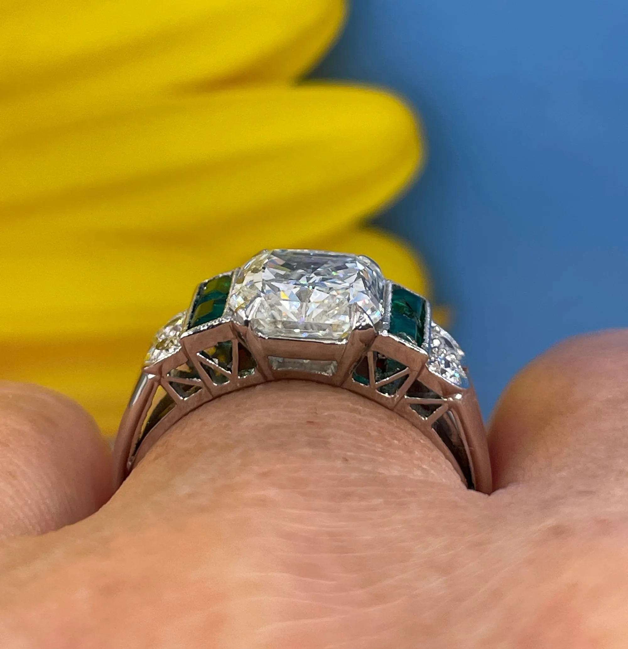 1980s Vintage GIA 3.77ctw Radiant cut DIAMOND & Green EMERALDs Platinum Ring