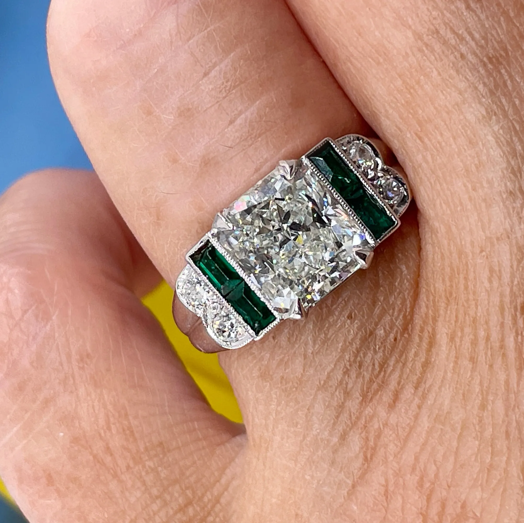 1980s Vintage GIA 3.77ctw Radiant cut DIAMOND & Green EMERALDs Platinum Ring