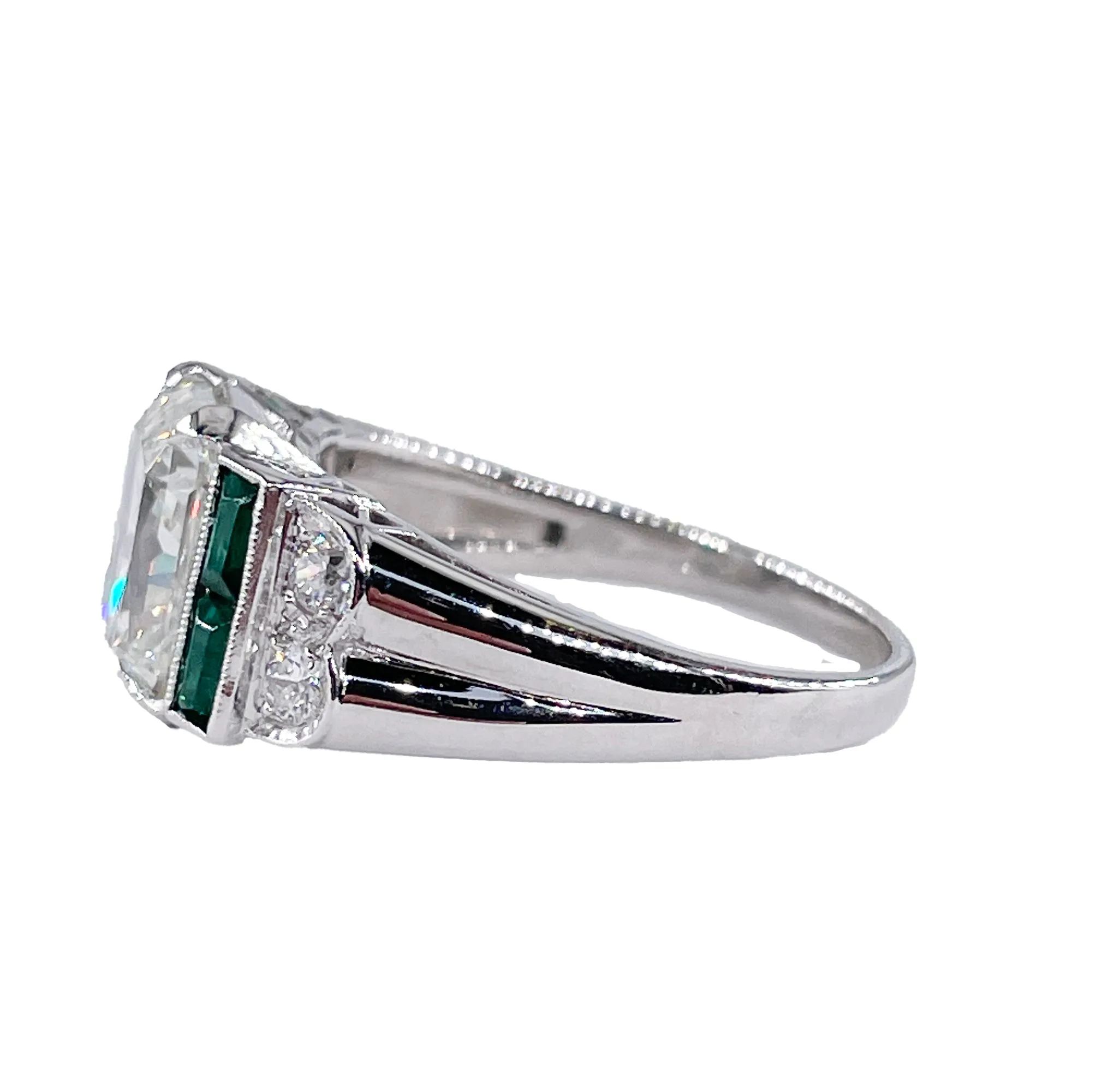 1980s Vintage GIA 3.77ctw Radiant cut DIAMOND & Green EMERALDs Platinum Ring