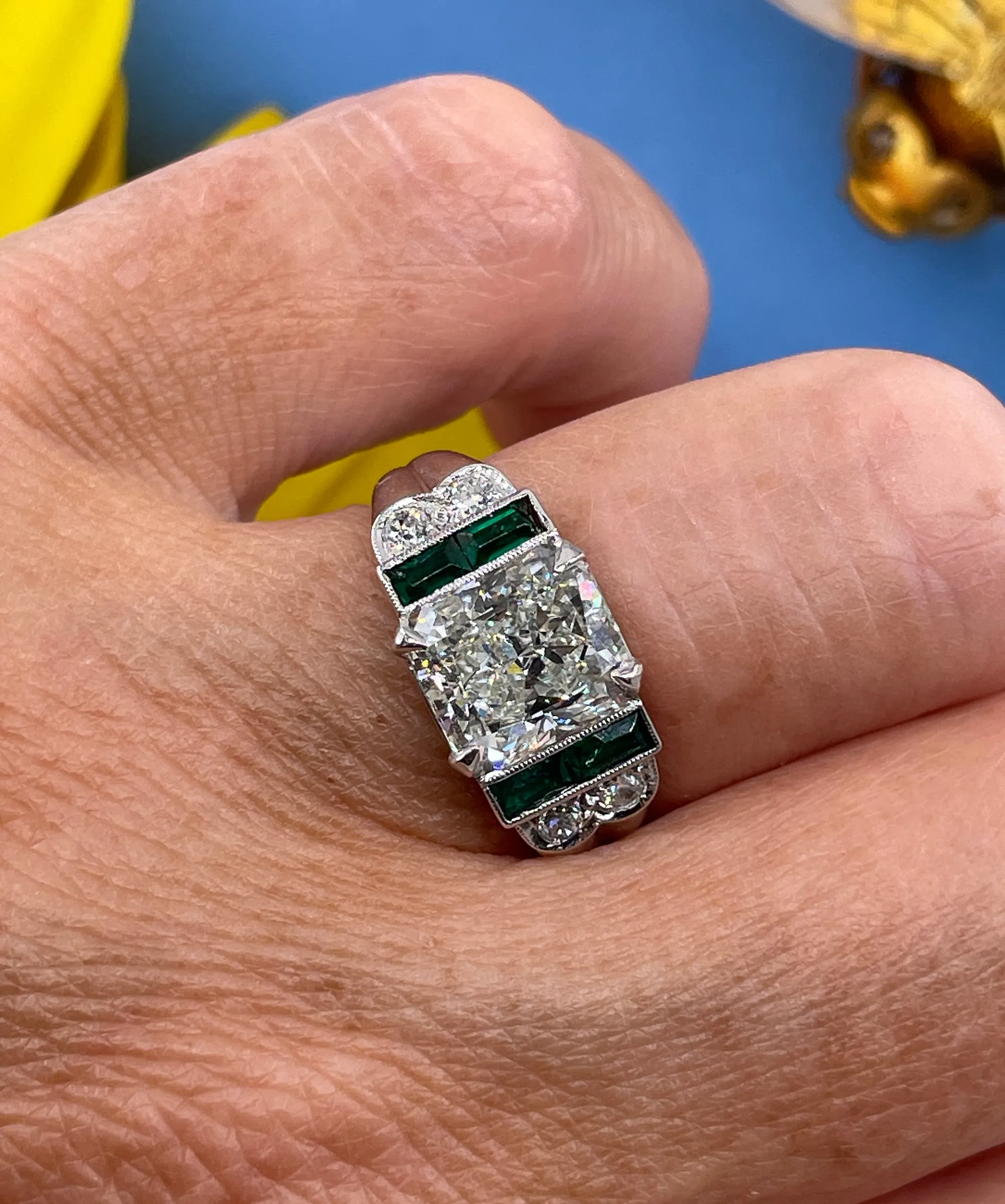 1980s Vintage GIA 3.77ctw Radiant cut DIAMOND & Green EMERALDs Platinum Ring