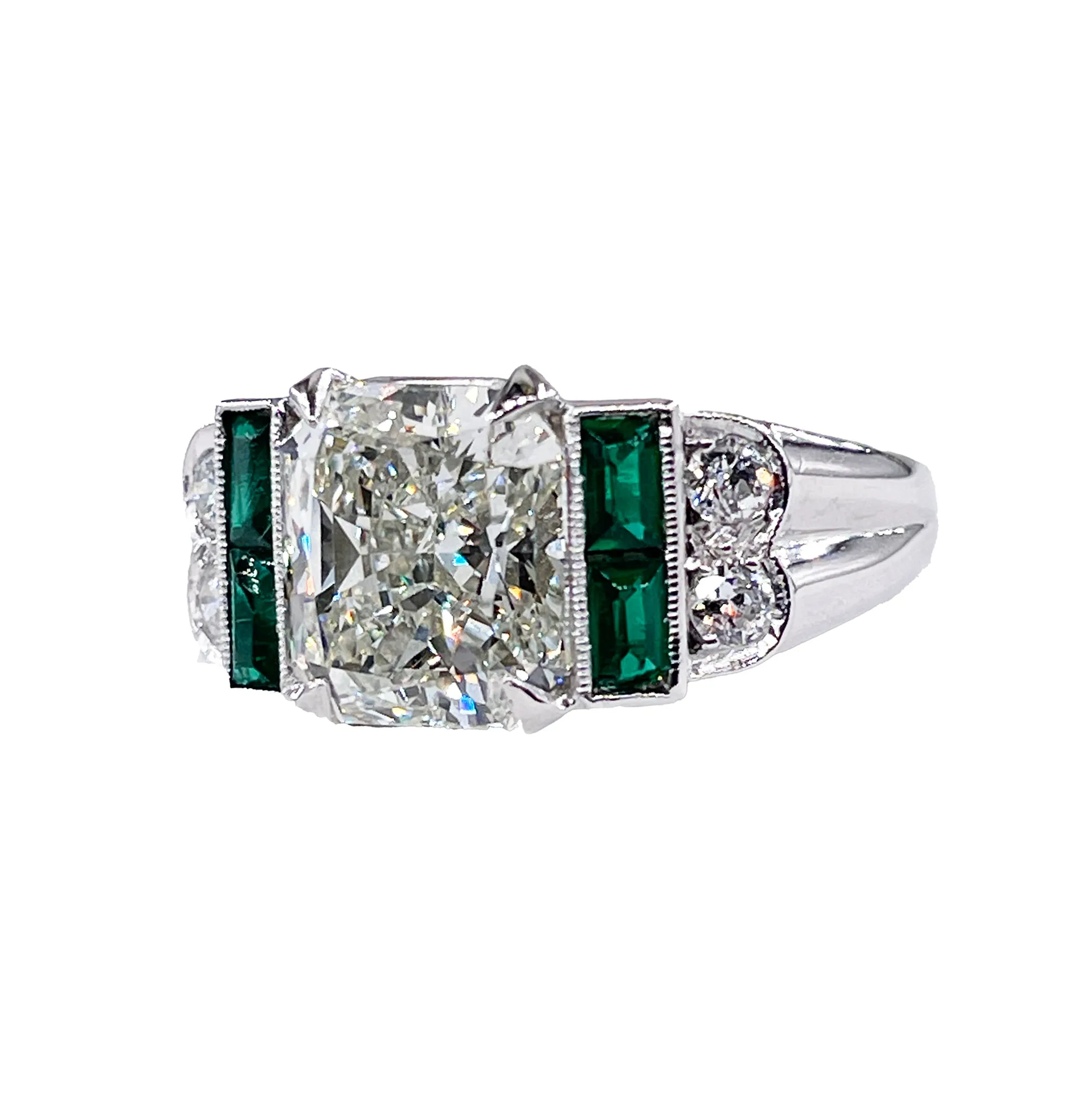 1980s Vintage GIA 3.77ctw Radiant cut DIAMOND & Green EMERALDs Platinum Ring