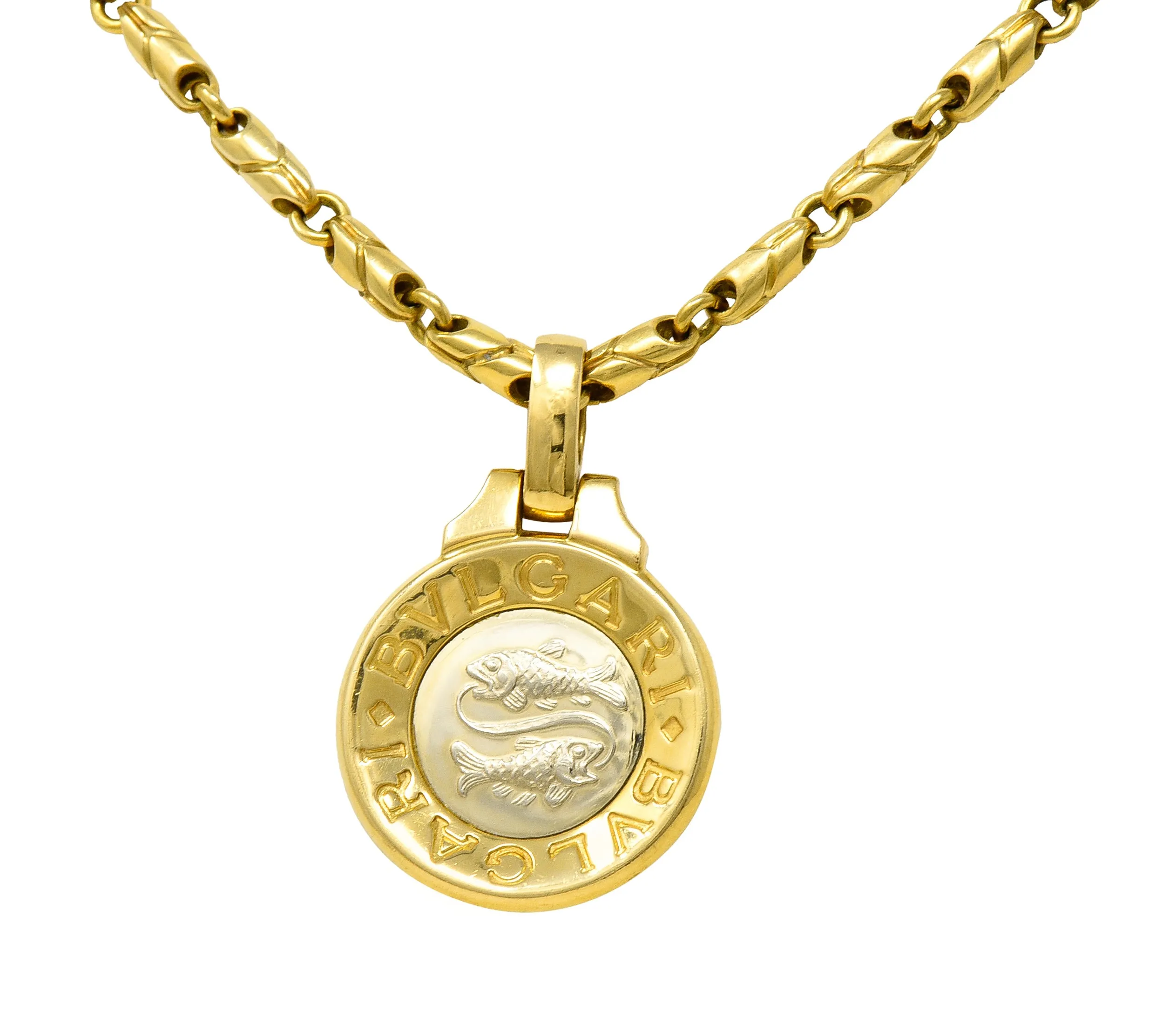 1990's Bulgari 18 Karat Two-Tone Gold Pisces Zodiac Horoscope Pendant Necklace