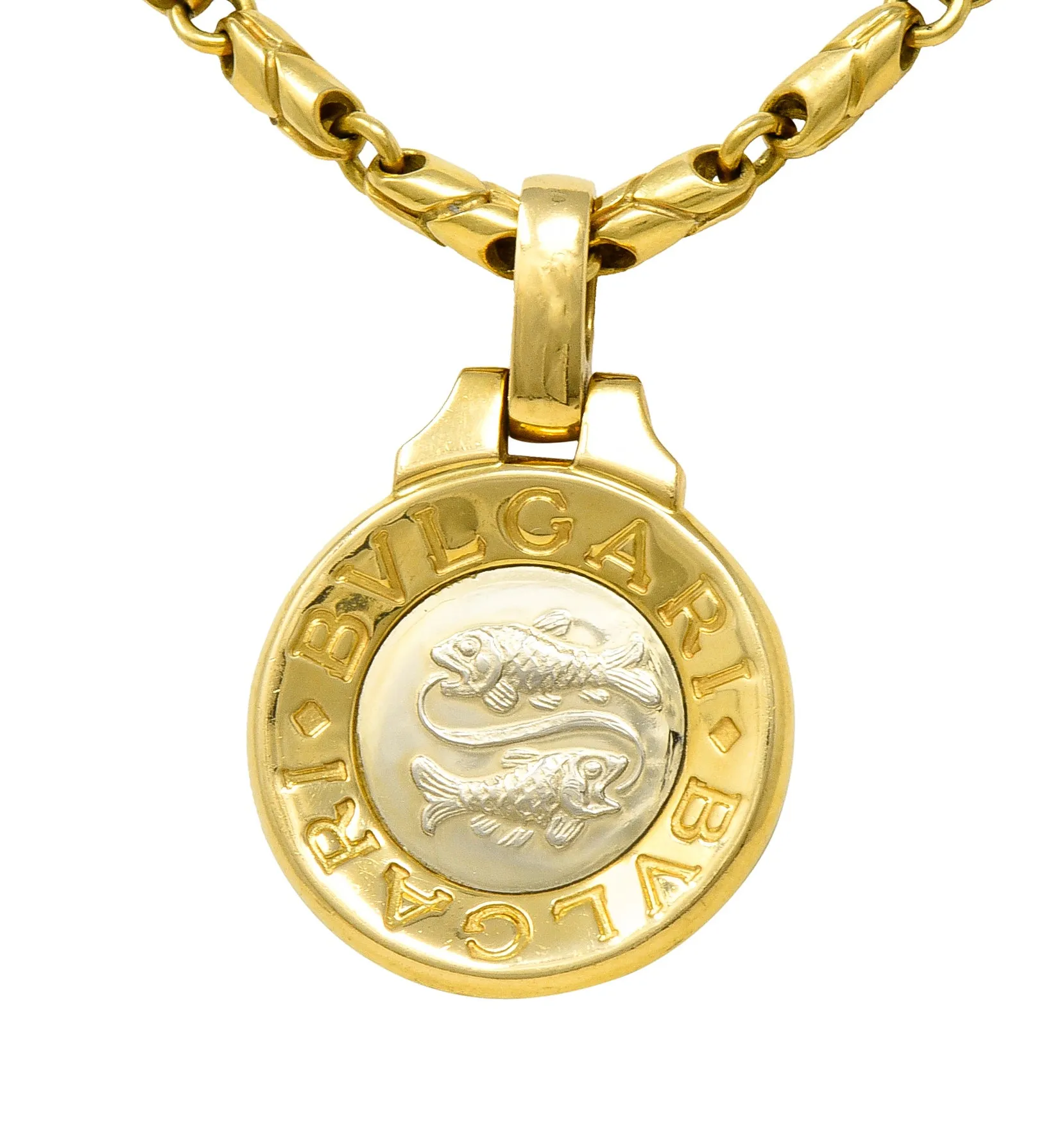 1990's Bulgari 18 Karat Two-Tone Gold Pisces Zodiac Horoscope Pendant Necklace