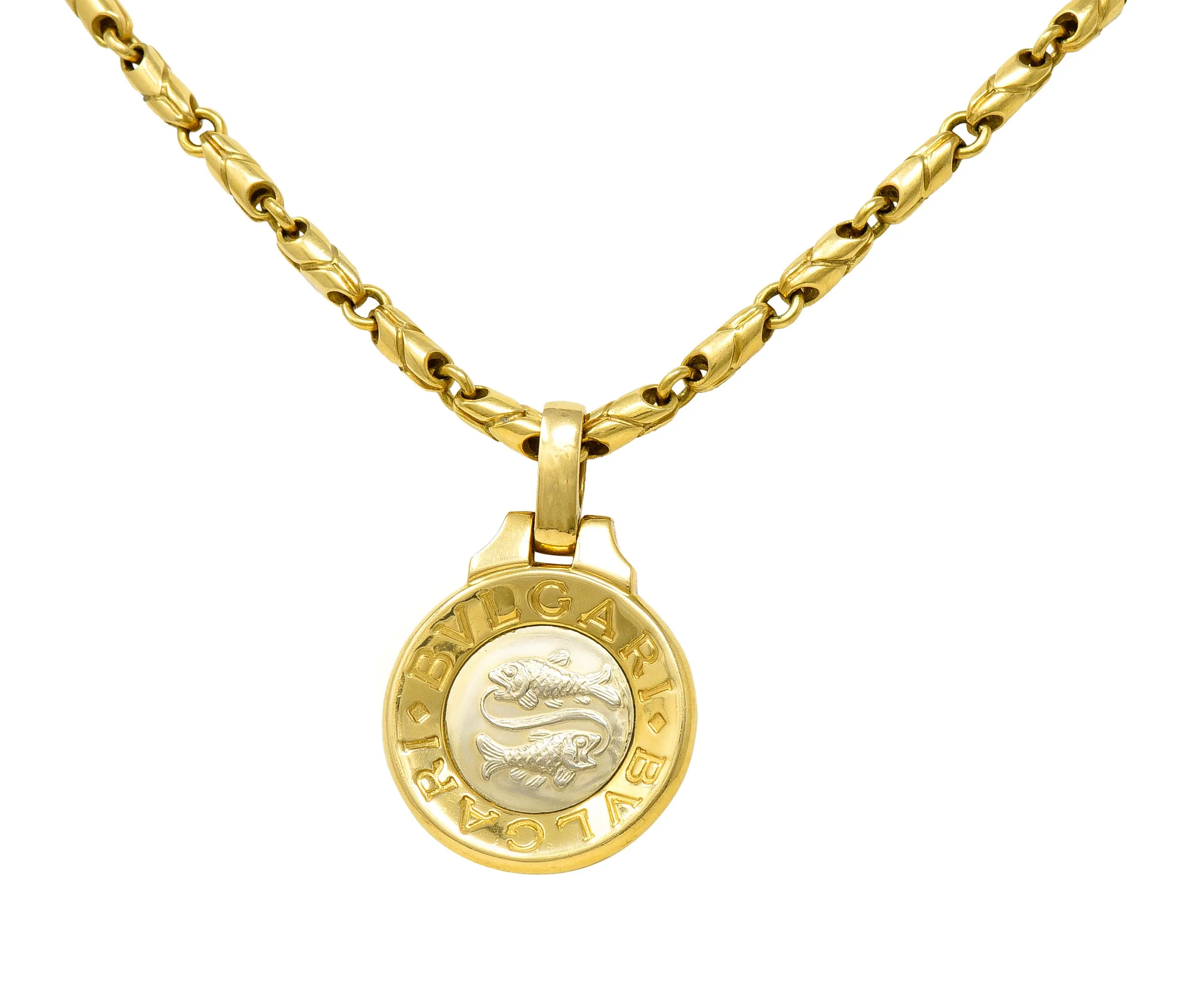 1990's Bulgari 18 Karat Two-Tone Gold Pisces Zodiac Horoscope Pendant Necklace