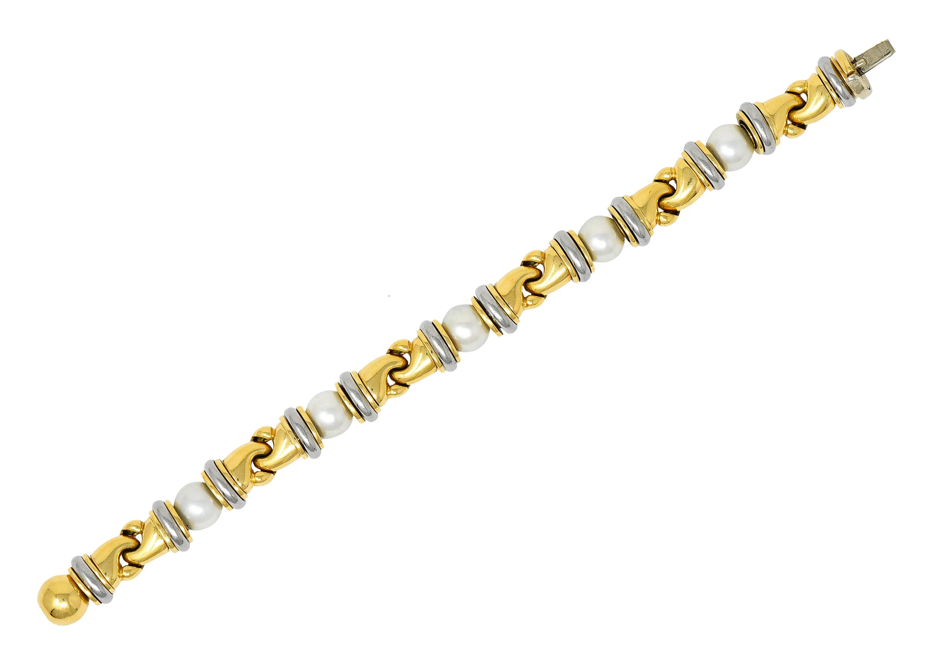 1990's Bulgari Cultured Pearl 18 Karat Gold Stainless Steel Gancio Italian Link Bracelet