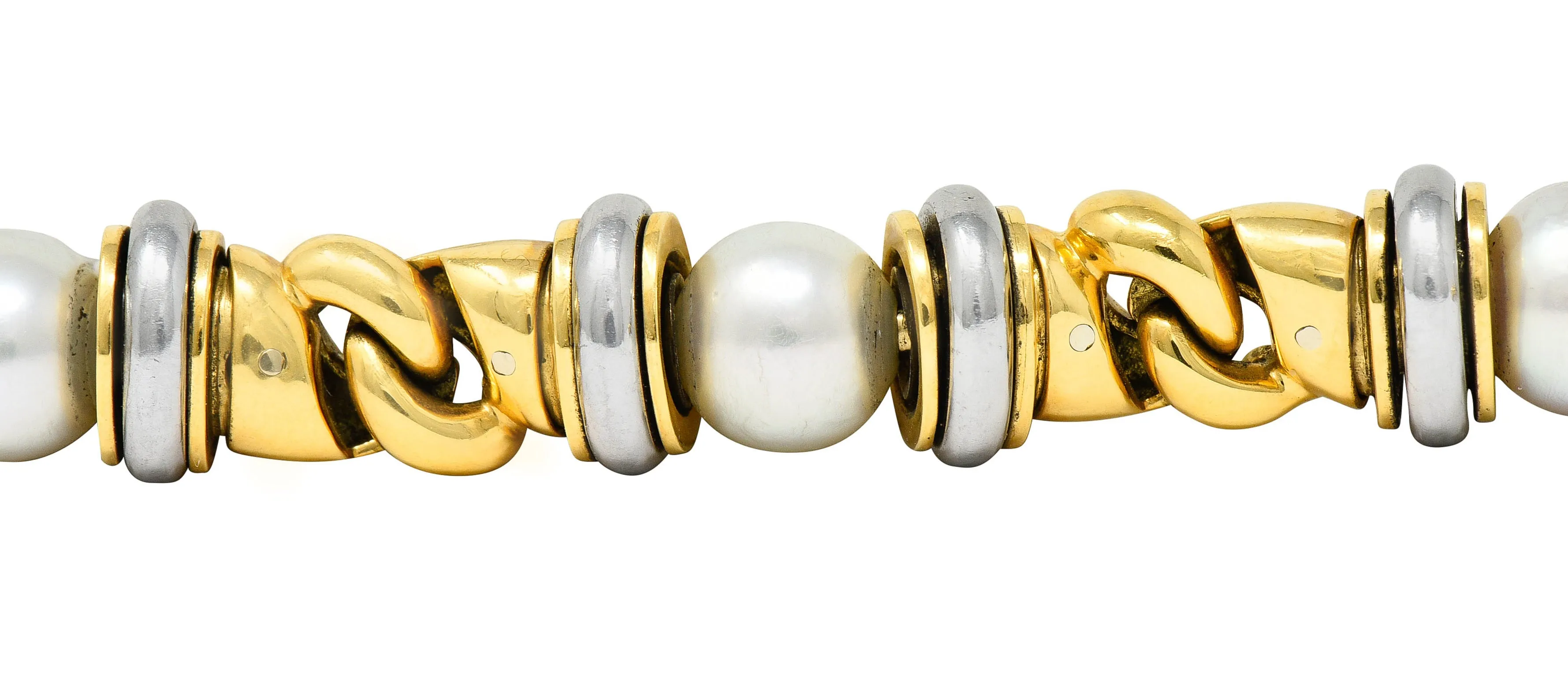 1990's Bulgari Cultured Pearl 18 Karat Gold Stainless Steel Gancio Italian Link Bracelet