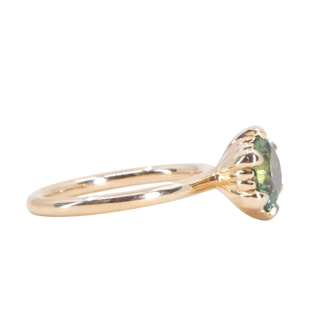 2.20ct Round Untreated Green-Teal Sapphire Scallop Cup Solitaire in 14k Yellow Gold