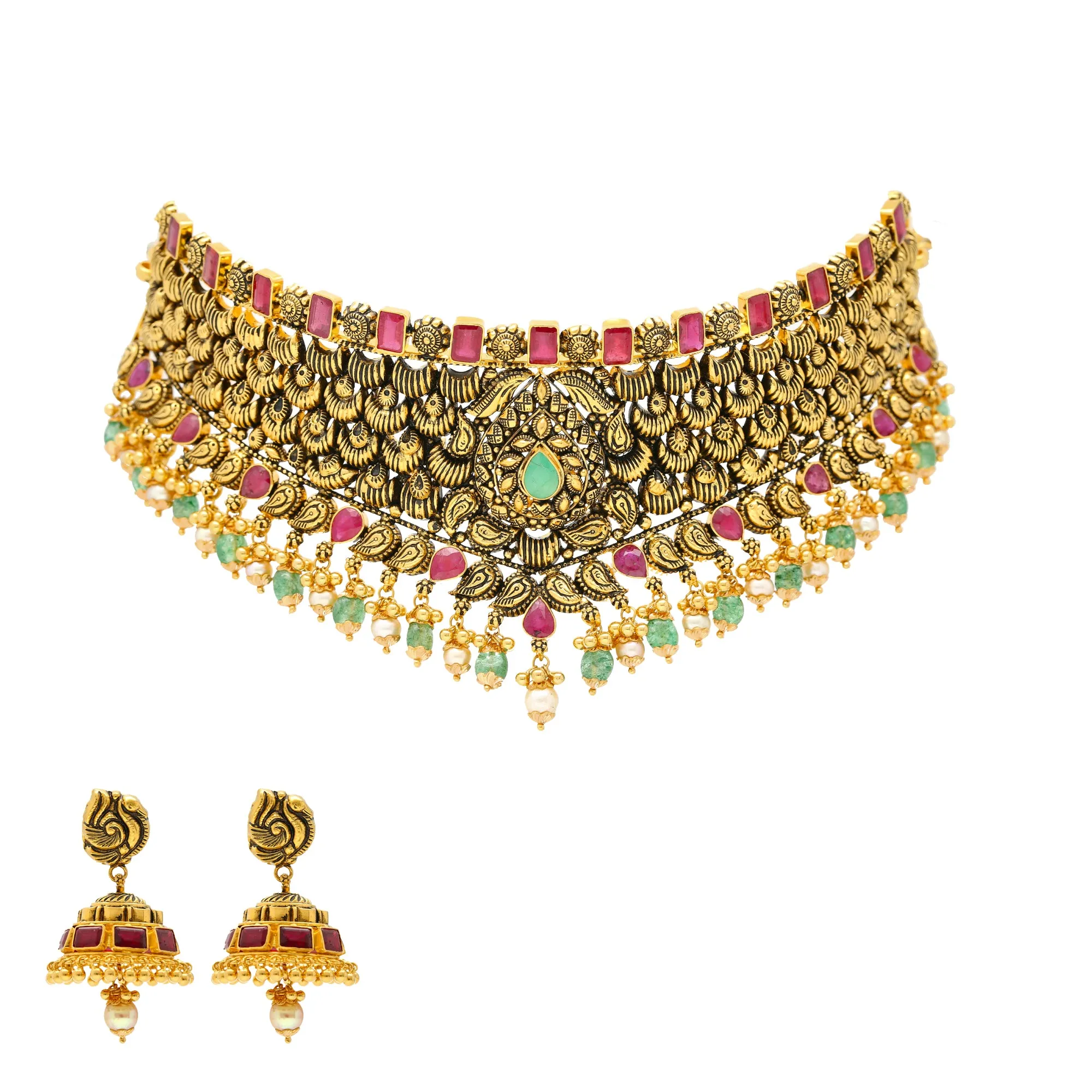 22K Antique Gold Choker Set with Gemstones & Pearls (80.9 grams)