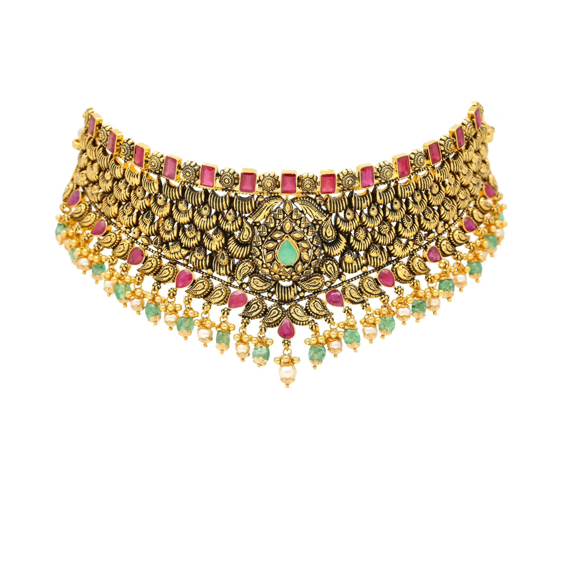 22K Antique Gold Choker Set with Gemstones & Pearls (80.9 grams)