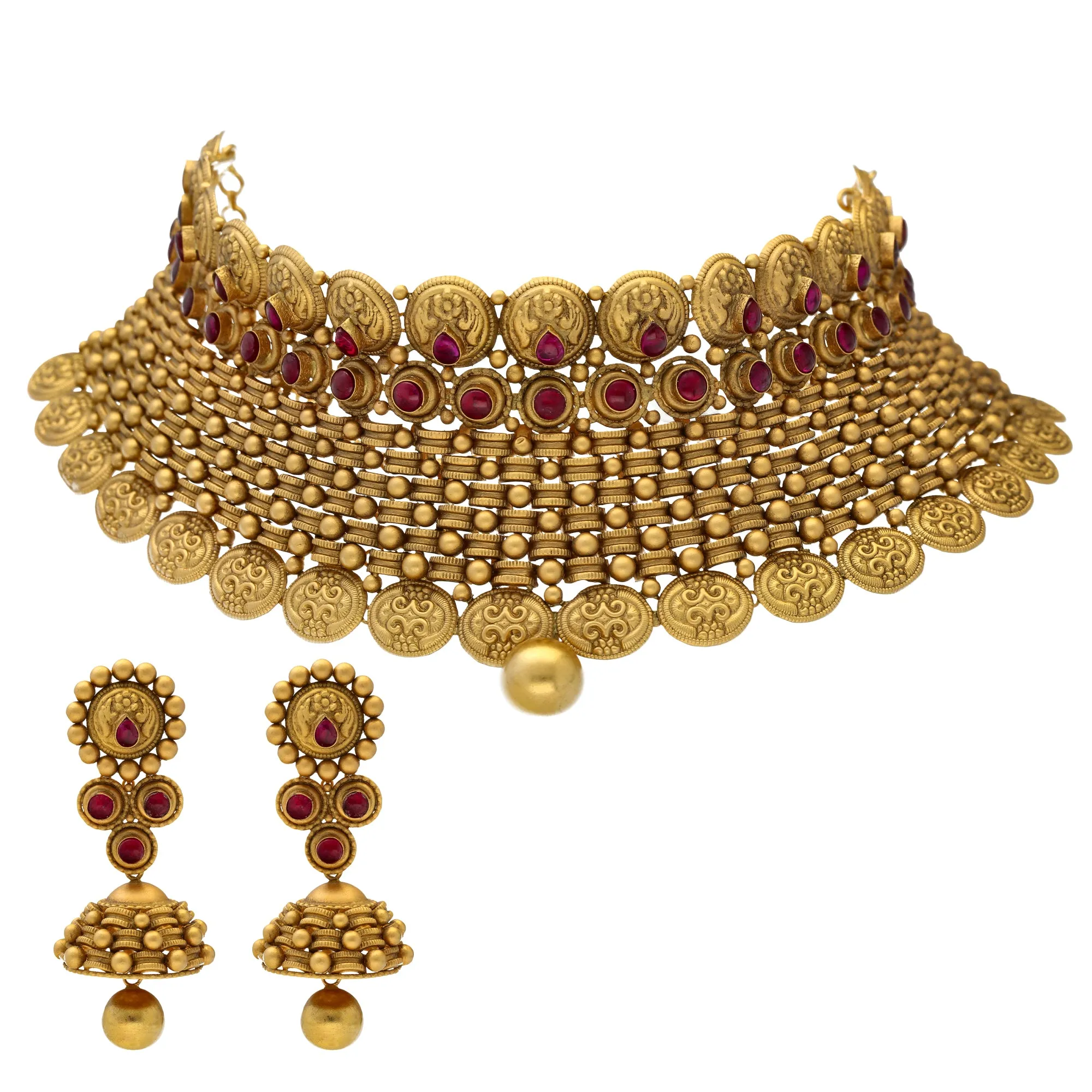 22K Gold & Ruby Antique Choker Set (98.9gm)