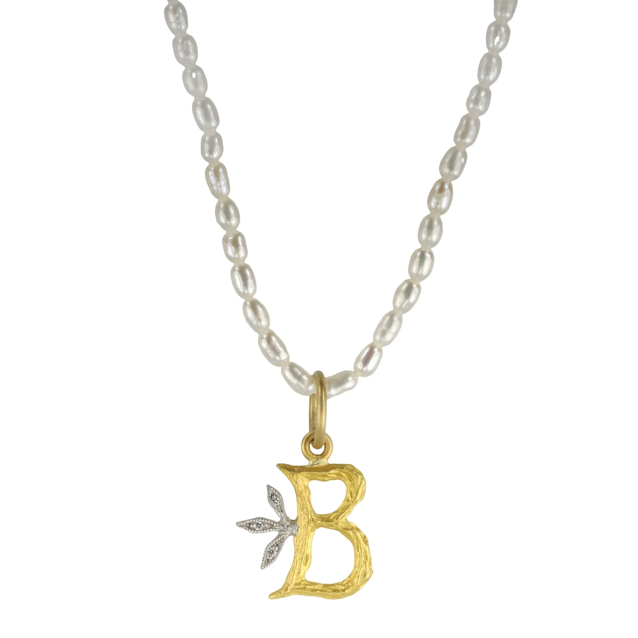 22K Gold Textured B Pendant with Platinum and Diamonds