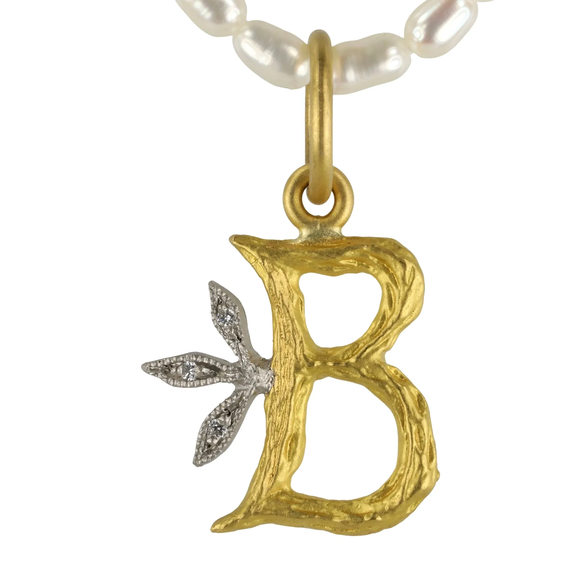 22K Gold Textured B Pendant with Platinum and Diamonds