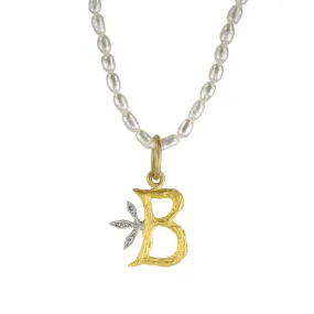 22K Gold Textured B Pendant with Platinum and Diamonds