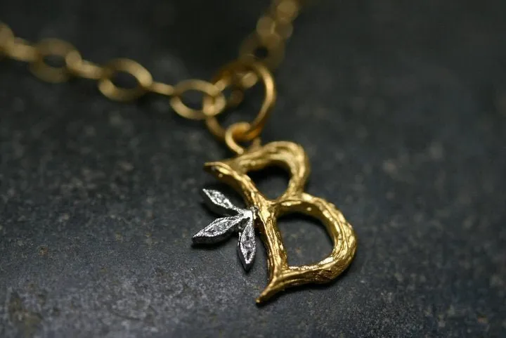 22K Gold Textured B Pendant with Platinum and Diamonds