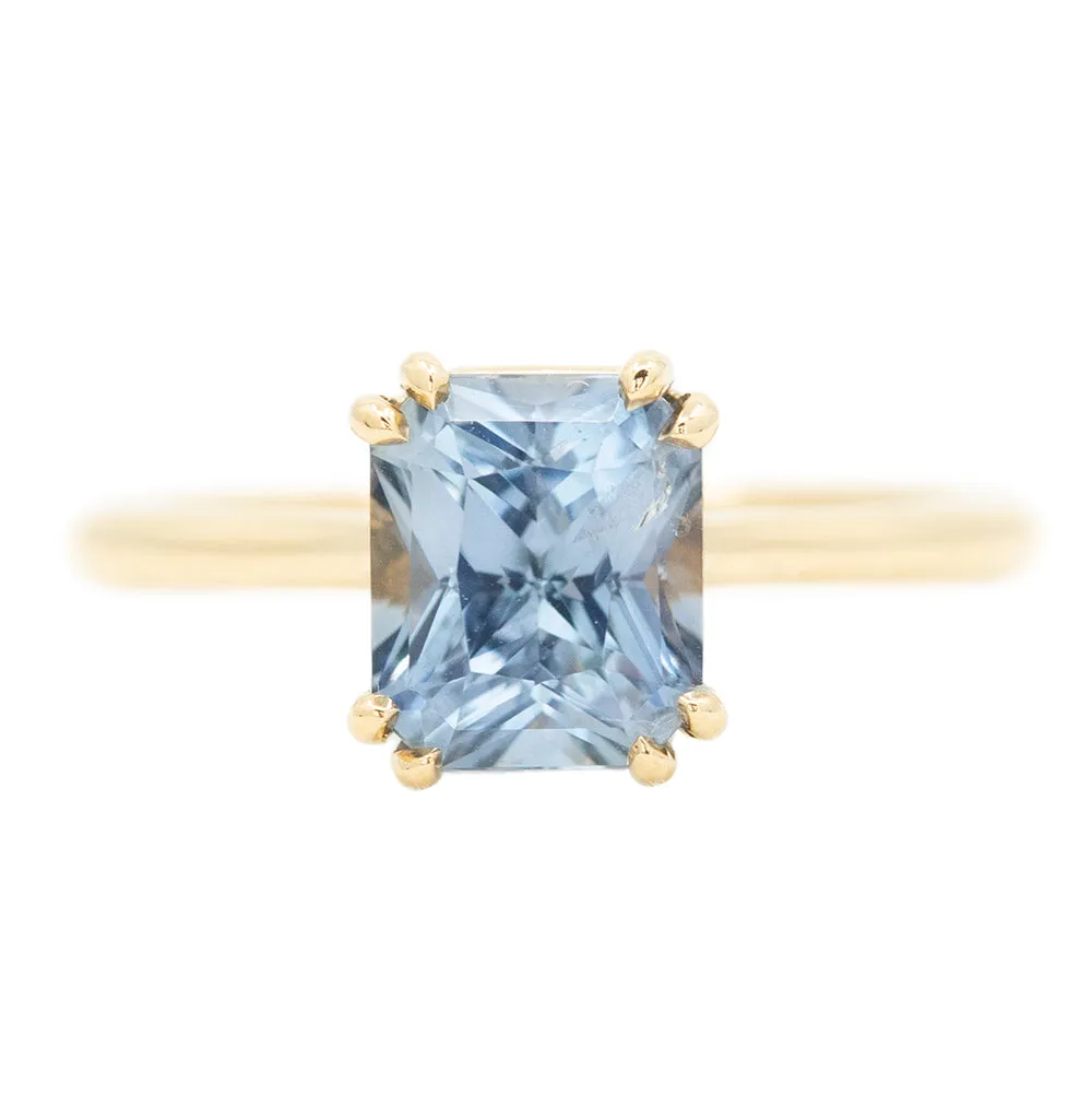 2.43ct Radiant Cut Periwinkle Blue Grey Sapphire in a Double Prong Cathedral Solitaire In 14k Yellow Gold