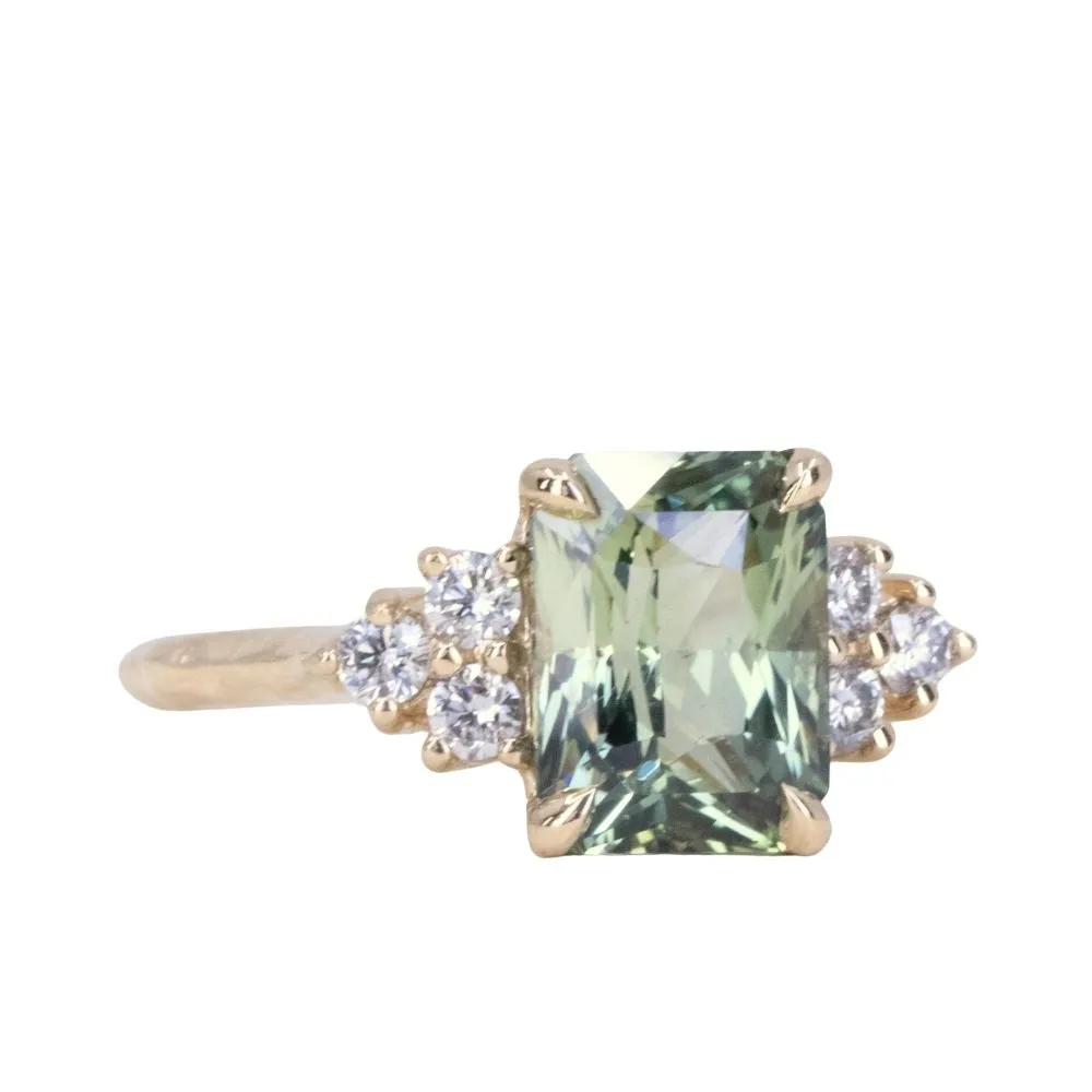 3.59ct Olive Green-Grey Untreated Radiant Cut Sapphire and Diamond Cluster Evergreen Ring in 14k Yellow Gold