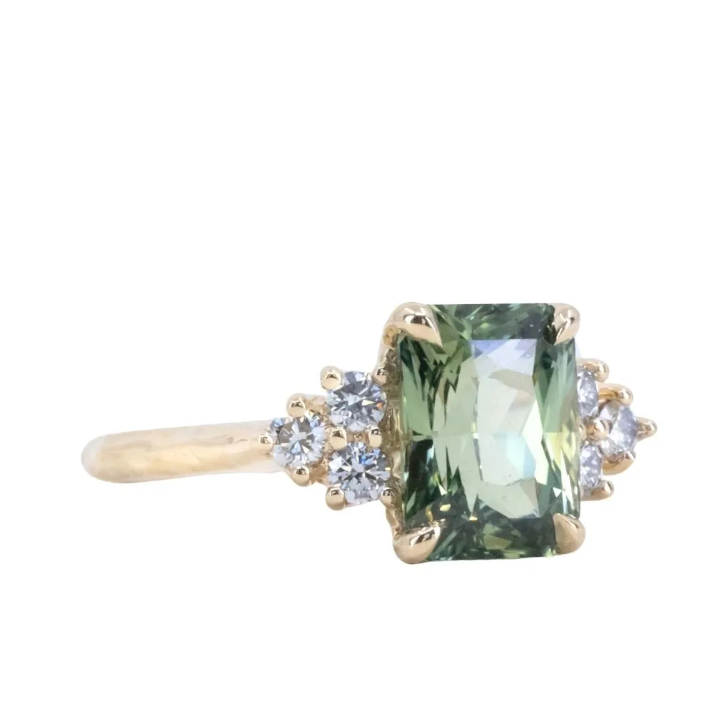 3.59ct Olive Green-Grey Untreated Radiant Cut Sapphire and Diamond Cluster Evergreen Ring in 14k Yellow Gold