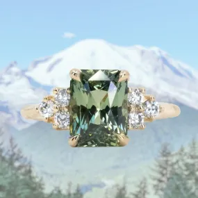 3.59ct Olive Green-Grey Untreated Radiant Cut Sapphire and Diamond Cluster Evergreen Ring in 14k Yellow Gold