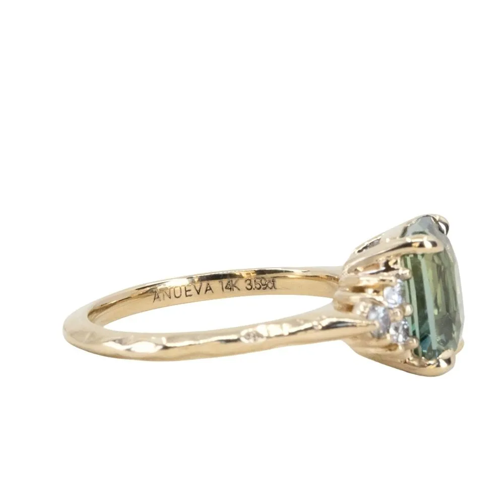 3.59ct Olive Green-Grey Untreated Radiant Cut Sapphire and Diamond Cluster Evergreen Ring in 14k Yellow Gold