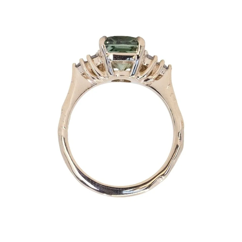 3.59ct Olive Green-Grey Untreated Radiant Cut Sapphire and Diamond Cluster Evergreen Ring in 14k Yellow Gold