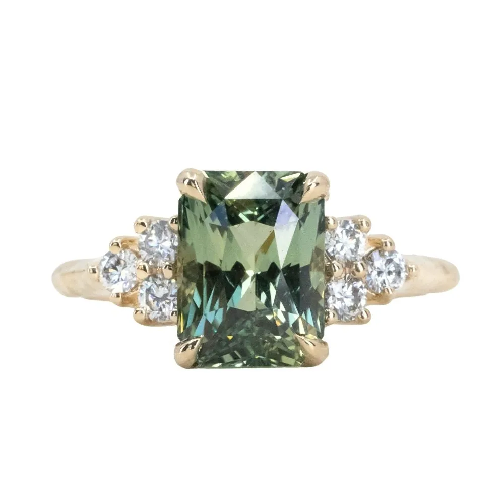 3.59ct Olive Green-Grey Untreated Radiant Cut Sapphire and Diamond Cluster Evergreen Ring in 14k Yellow Gold