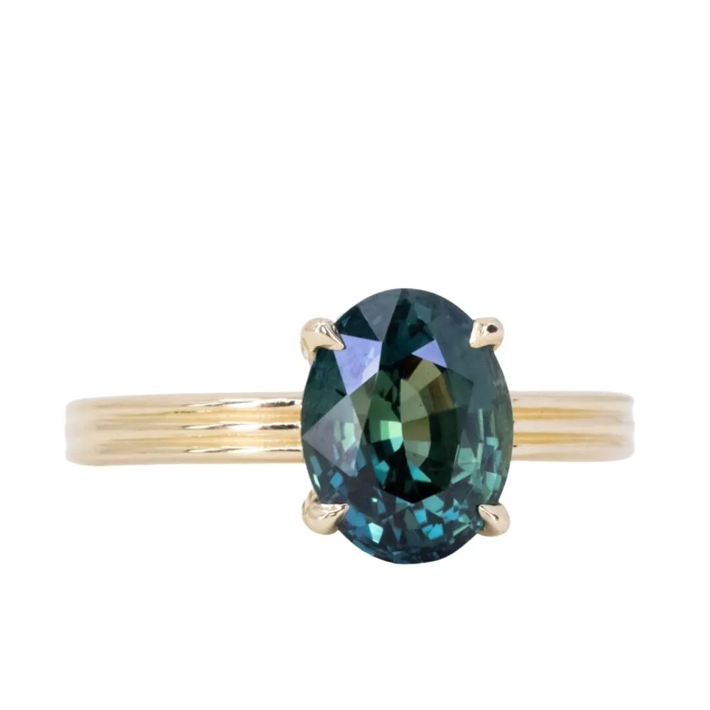 3.59ct Oval Deep Teal Madagascar Sapphire Low Profile Tri-Band Three Winds 4 Prong Solitaire in 14k Yellow Gold