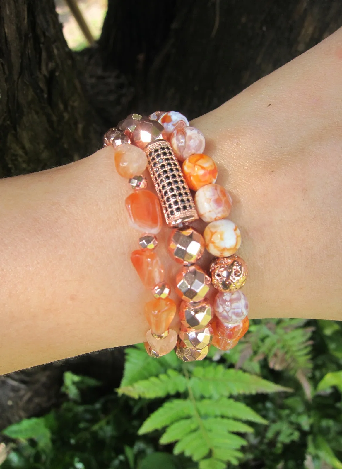 4 Piece Set - Carnelian, Orange Agate, Rose Gold Hematite Mala Stack Bracelets - Sacral Chakra