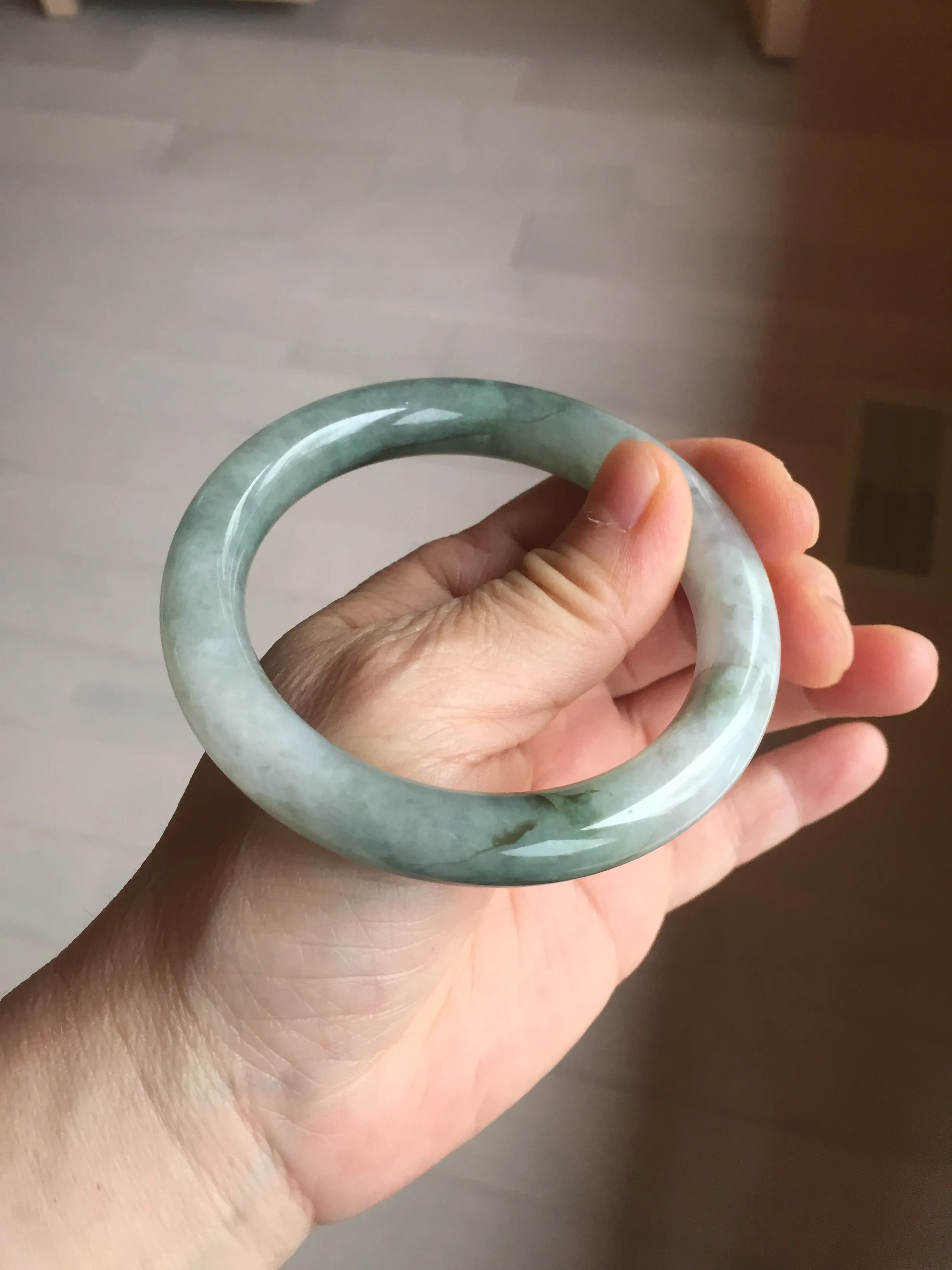 57.5mm certified type A 100% Natural oily light green/white chubby round cut Jadeite Jade bangle BM19-2795