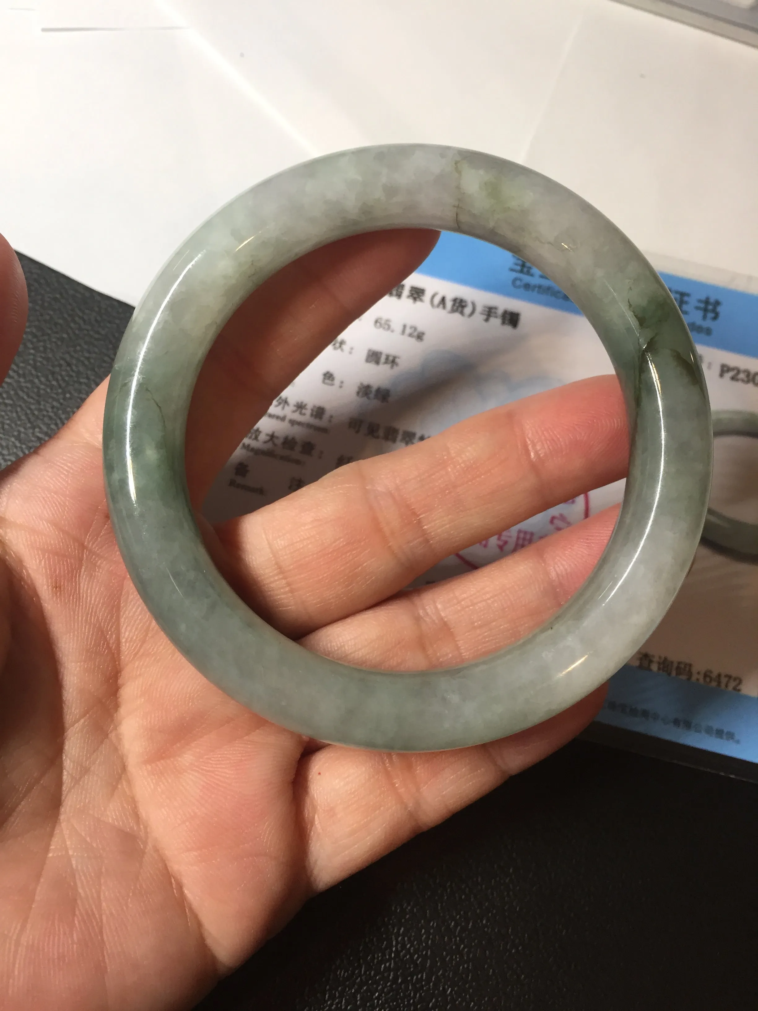 57.5mm certified type A 100% Natural oily light green/white chubby round cut Jadeite Jade bangle BM19-2795